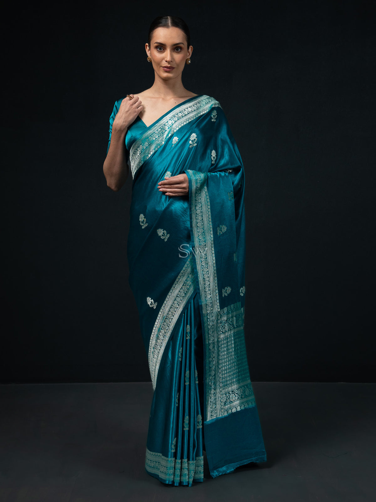 Teal Blue Boota Satin Silk Handloom Banarasi Saree - Sacred Weaves