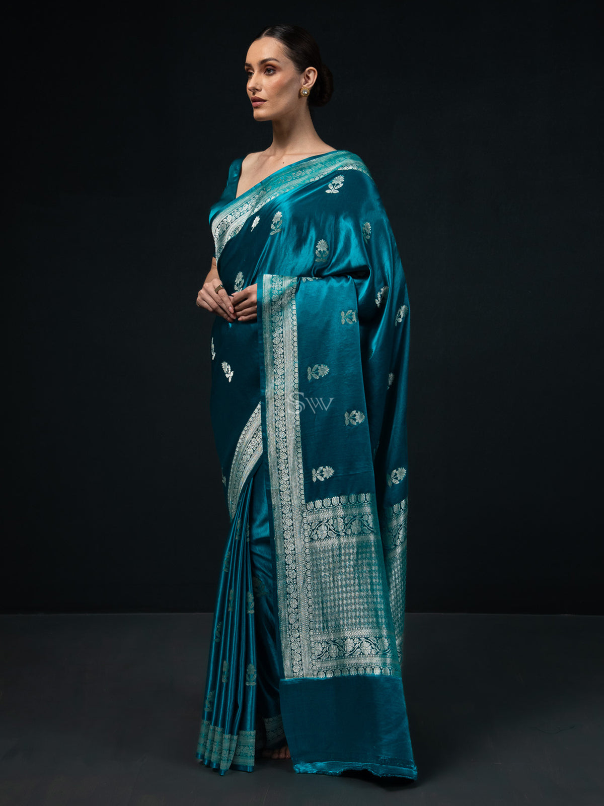 Teal Blue Boota Satin Silk Handloom Banarasi Saree - Sacred Weaves