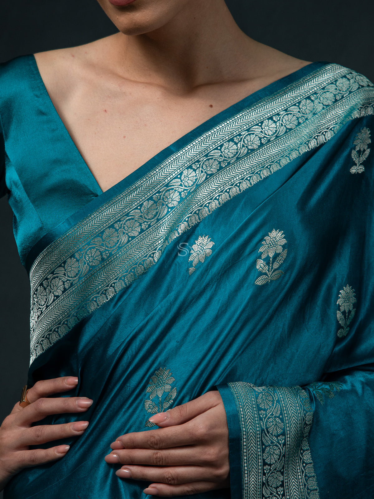 Teal Blue Boota Satin Silk Handloom Banarasi Saree - Sacred Weaves