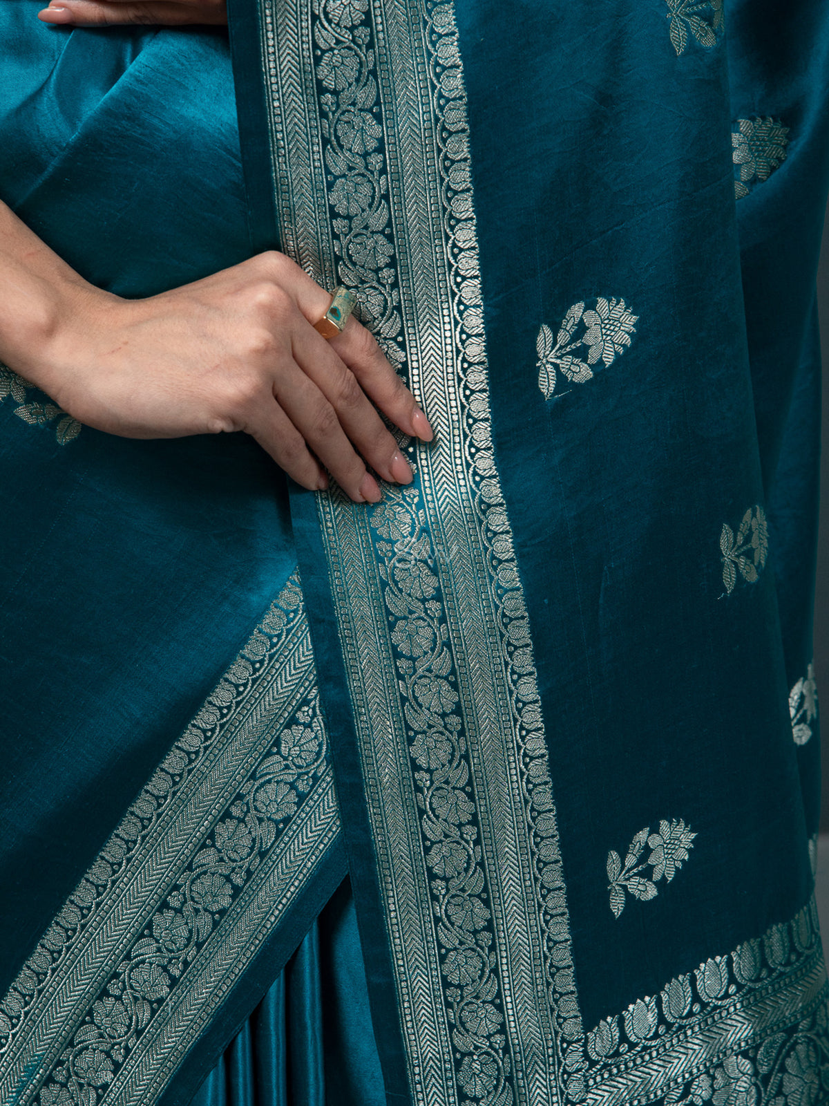 Teal Blue Boota Satin Silk Handloom Banarasi Saree - Sacred Weaves