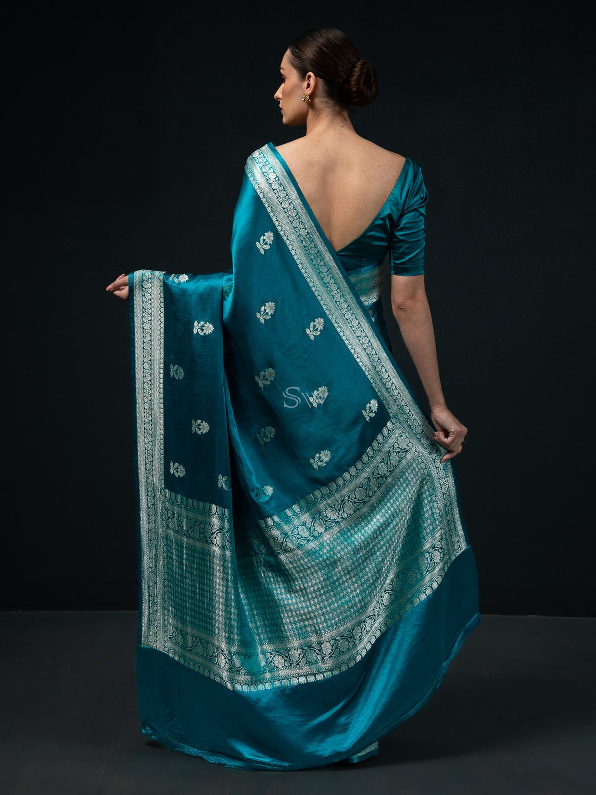 Teal Blue Boota Satin Silk Handloom Banarasi Saree - Sacred Weaves