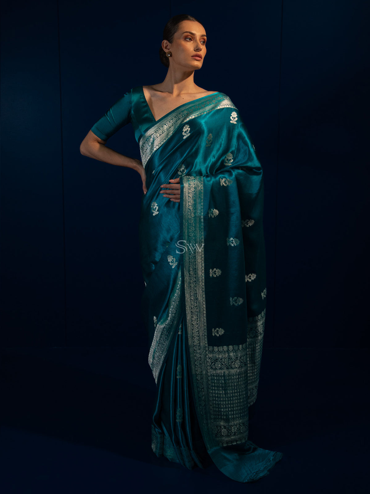 Teal Blue Boota Satin Silk Handloom Banarasi Saree - Sacred Weaves