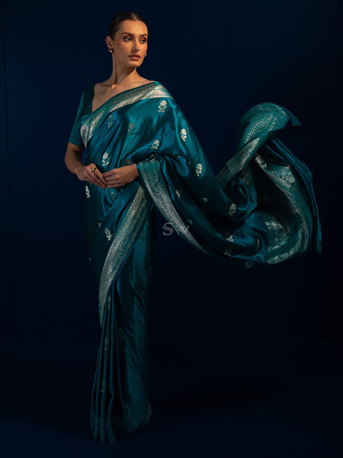 Teal Blue Boota Satin Silk Handloom Banarasi Saree - Sacred Weaves