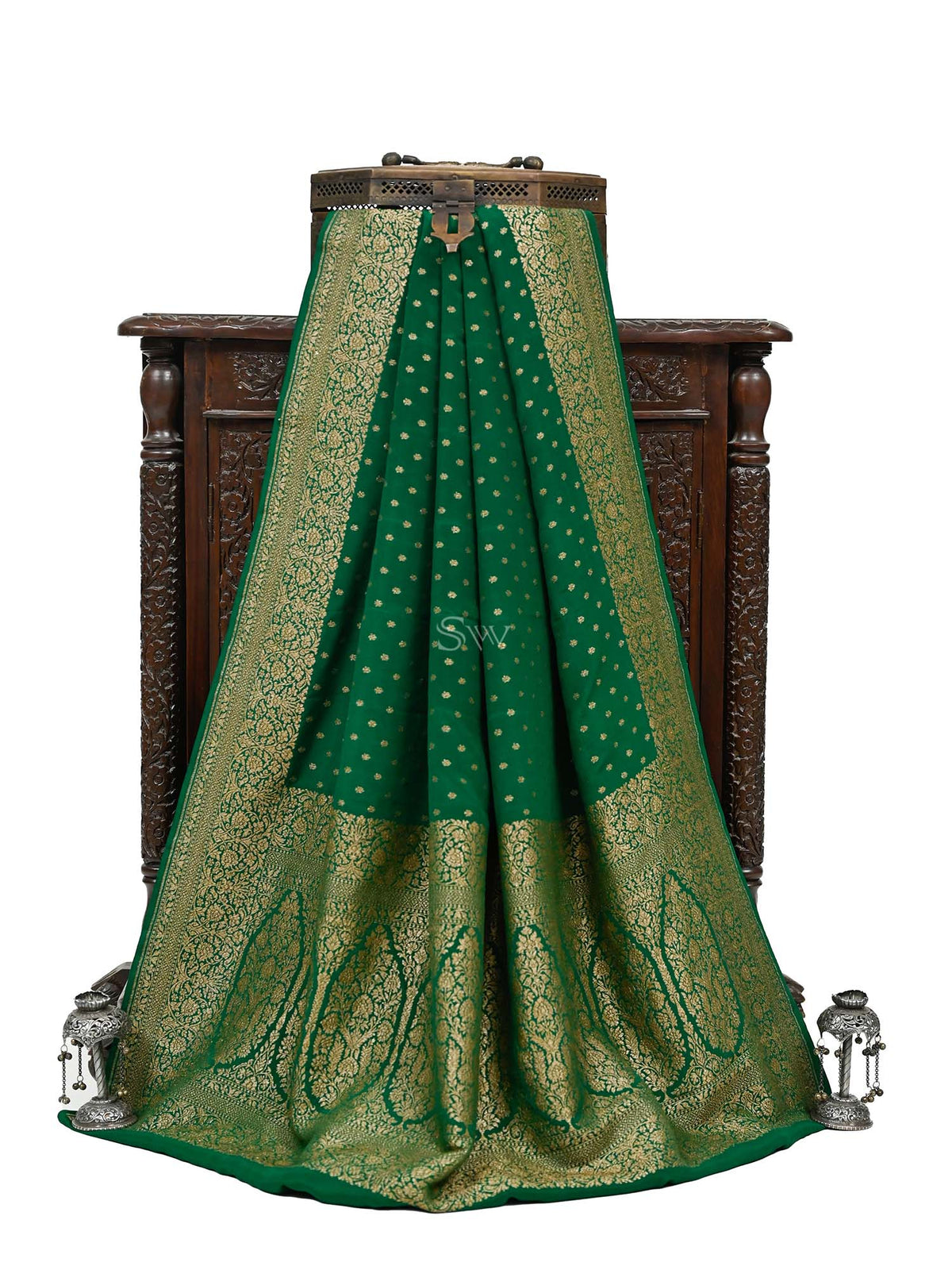 Bottle Green Booti Crepe Silk Handloom Banarasi Saree - Sacred Weaves