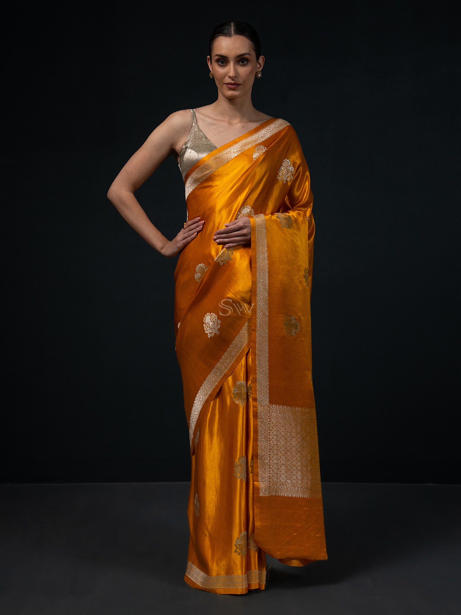 Mustard Boota Satin Silk Handloom Banarasi Saree - Sacred Weaves