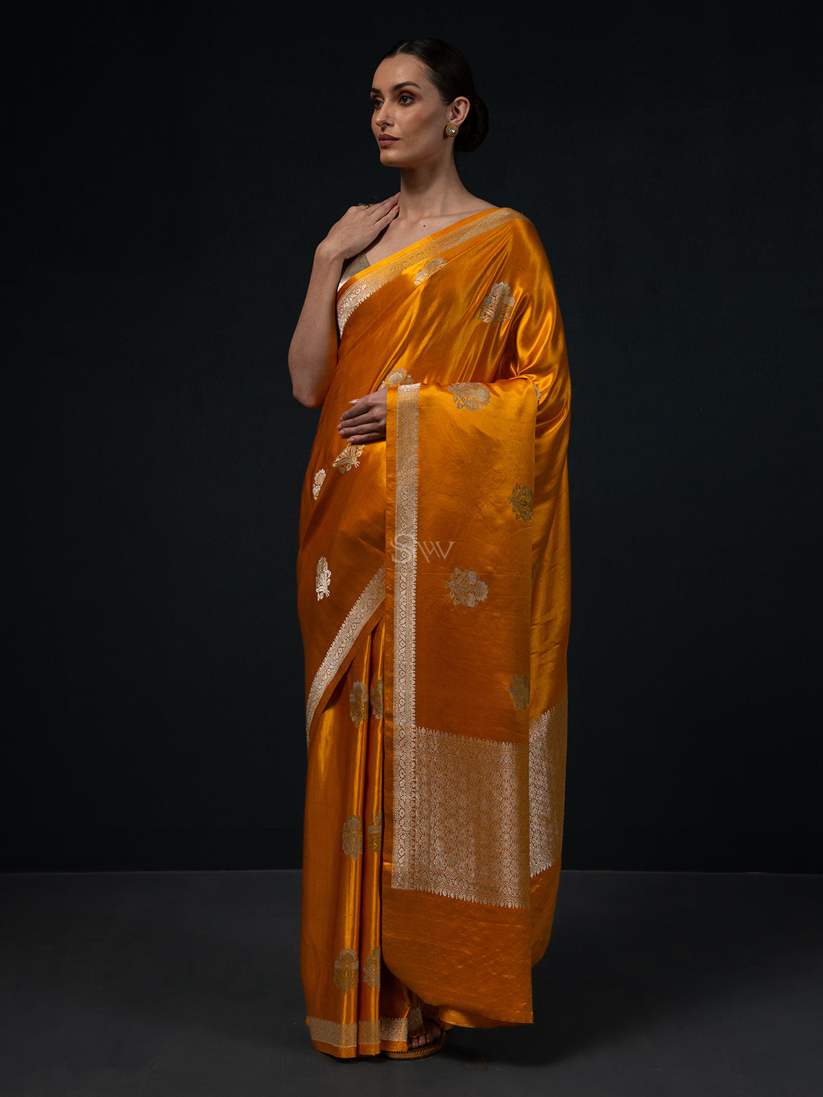 Mustard Boota Satin Silk Handloom Banarasi Saree - Sacred Weaves