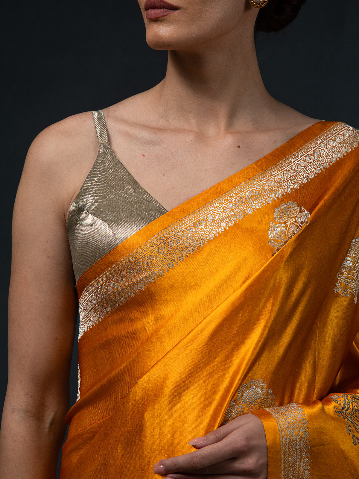 Mustard Boota Satin Silk Handloom Banarasi Saree - Sacred Weaves