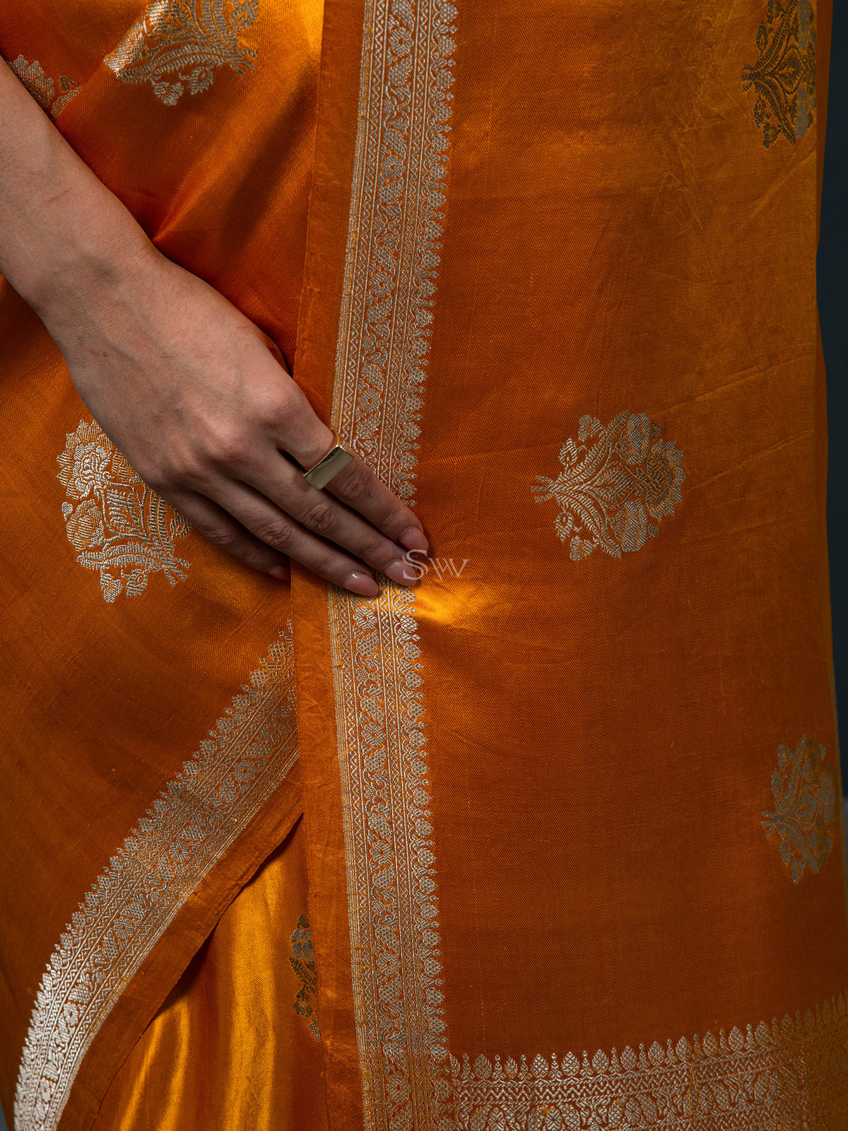 Mustard Boota Satin Silk Handloom Banarasi Saree - Sacred Weaves