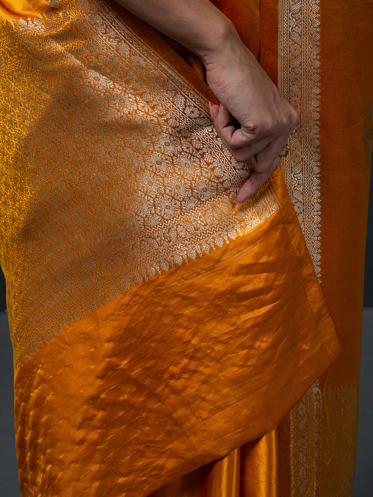 Mustard Boota Satin Silk Handloom Banarasi Saree - Sacred Weaves