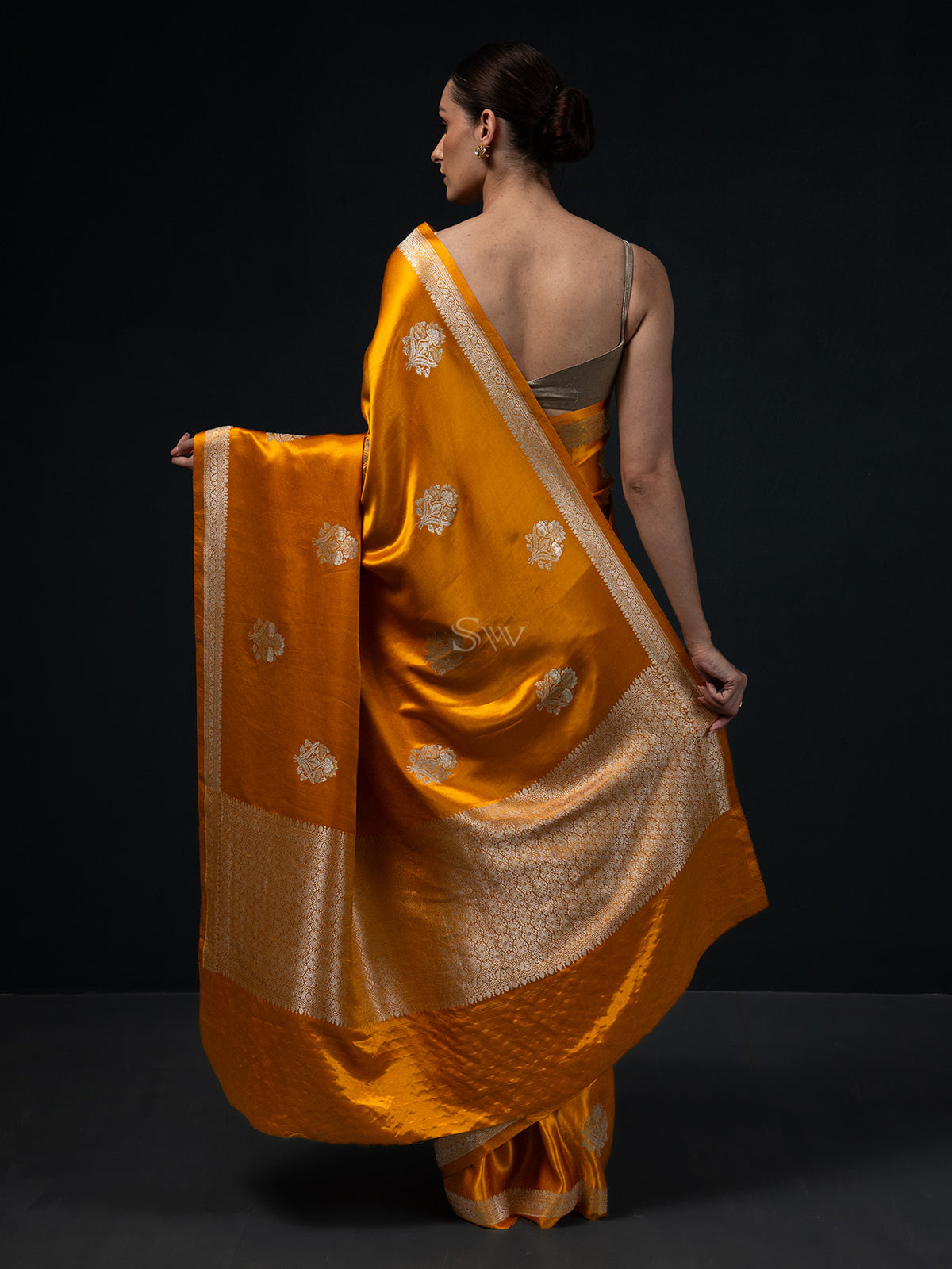 Mustard Boota Satin Silk Handloom Banarasi Saree - Sacred Weaves