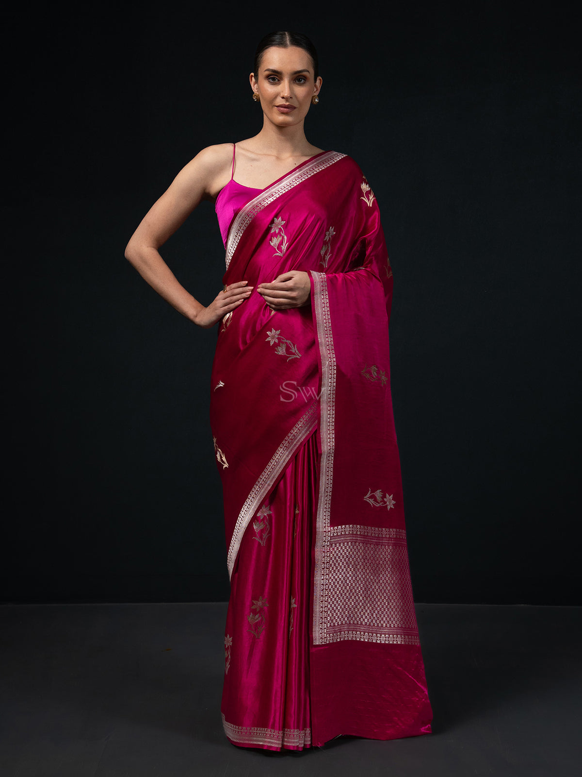 Dark Magenta Boota Satin Silk Handloom Banarasi Saree - Sacred Weaves