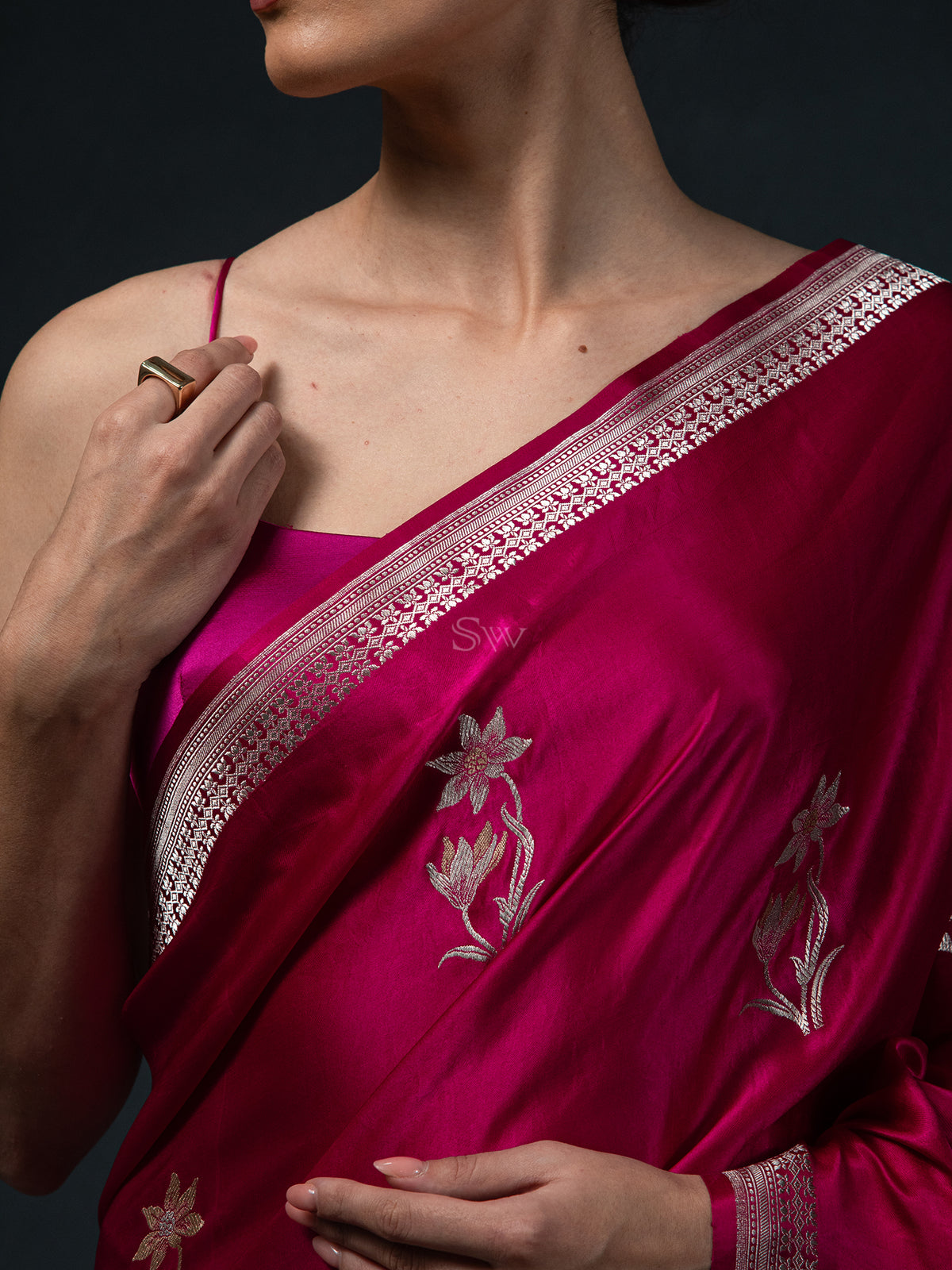 Dark Magenta Boota Satin Silk Handloom Banarasi Saree - Sacred Weaves