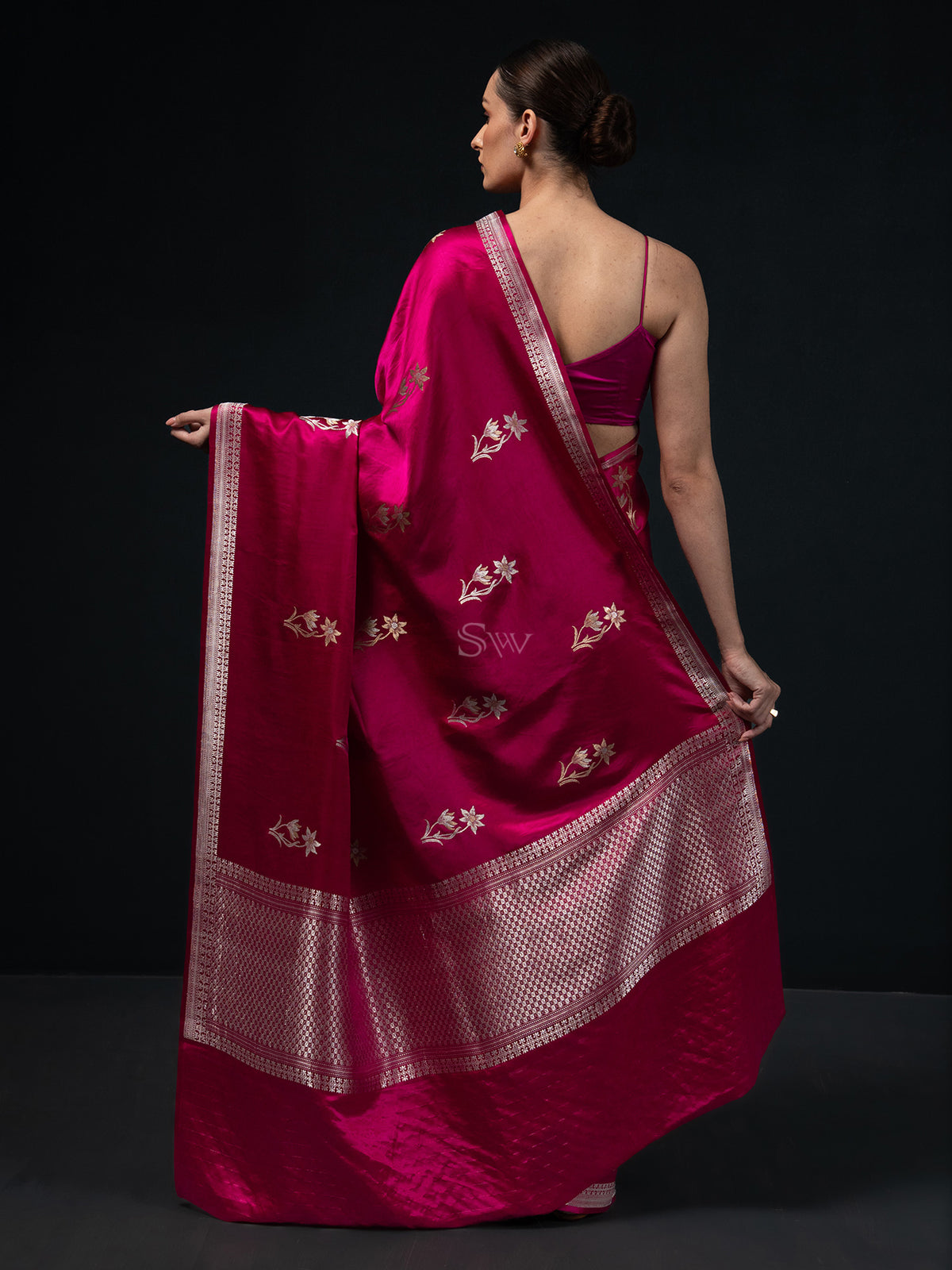 Dark Magenta Boota Satin Silk Handloom Banarasi Saree - Sacred Weaves