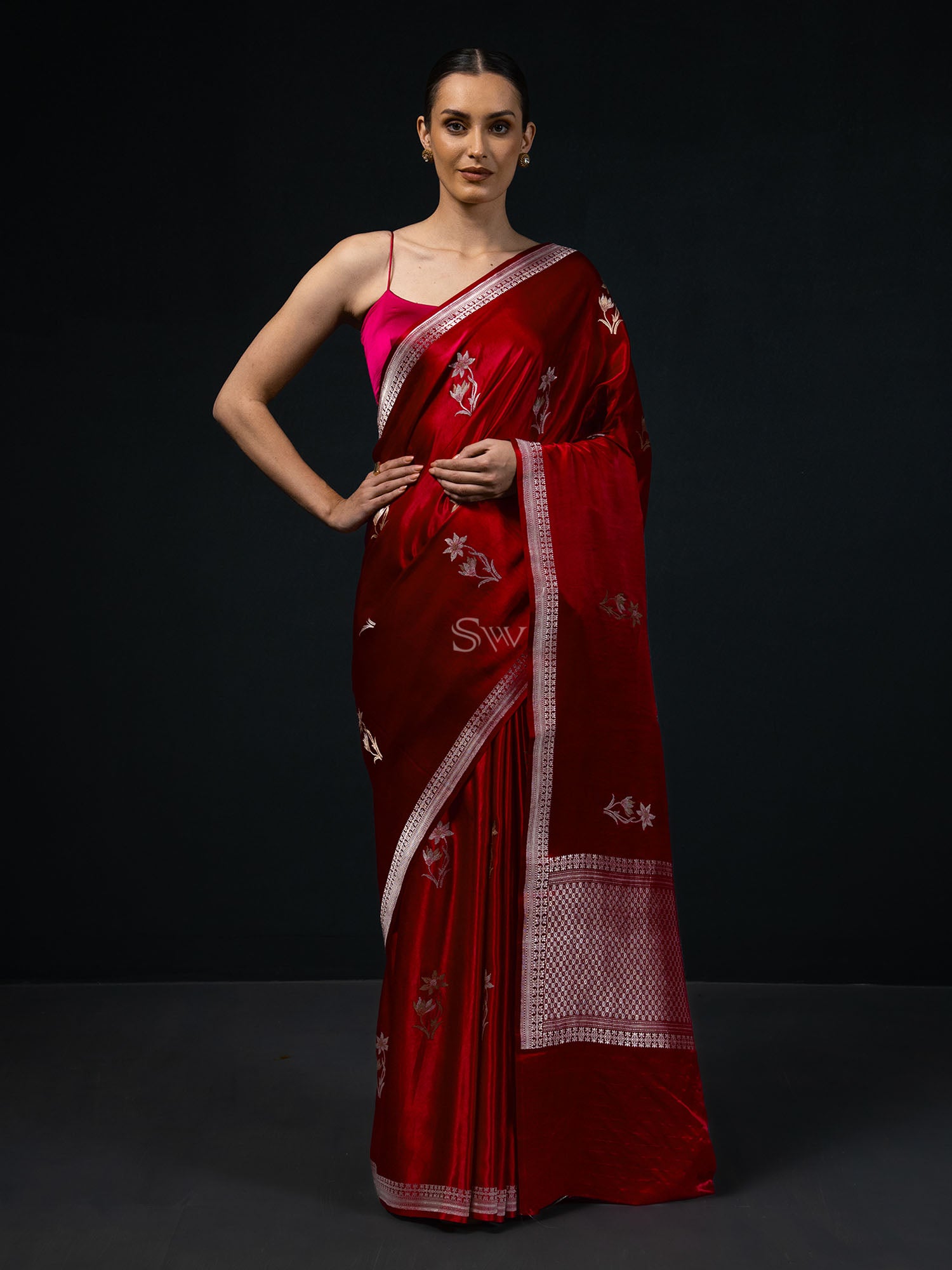 Dark Maroon Boota Satin Silk Handloom Banarasi Saree - Sacred Weaves