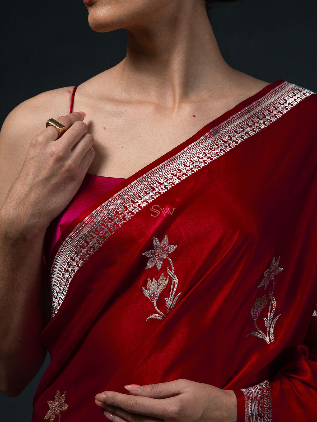 Dark Maroon Boota Satin Silk Handloom Banarasi Saree - Sacred Weaves