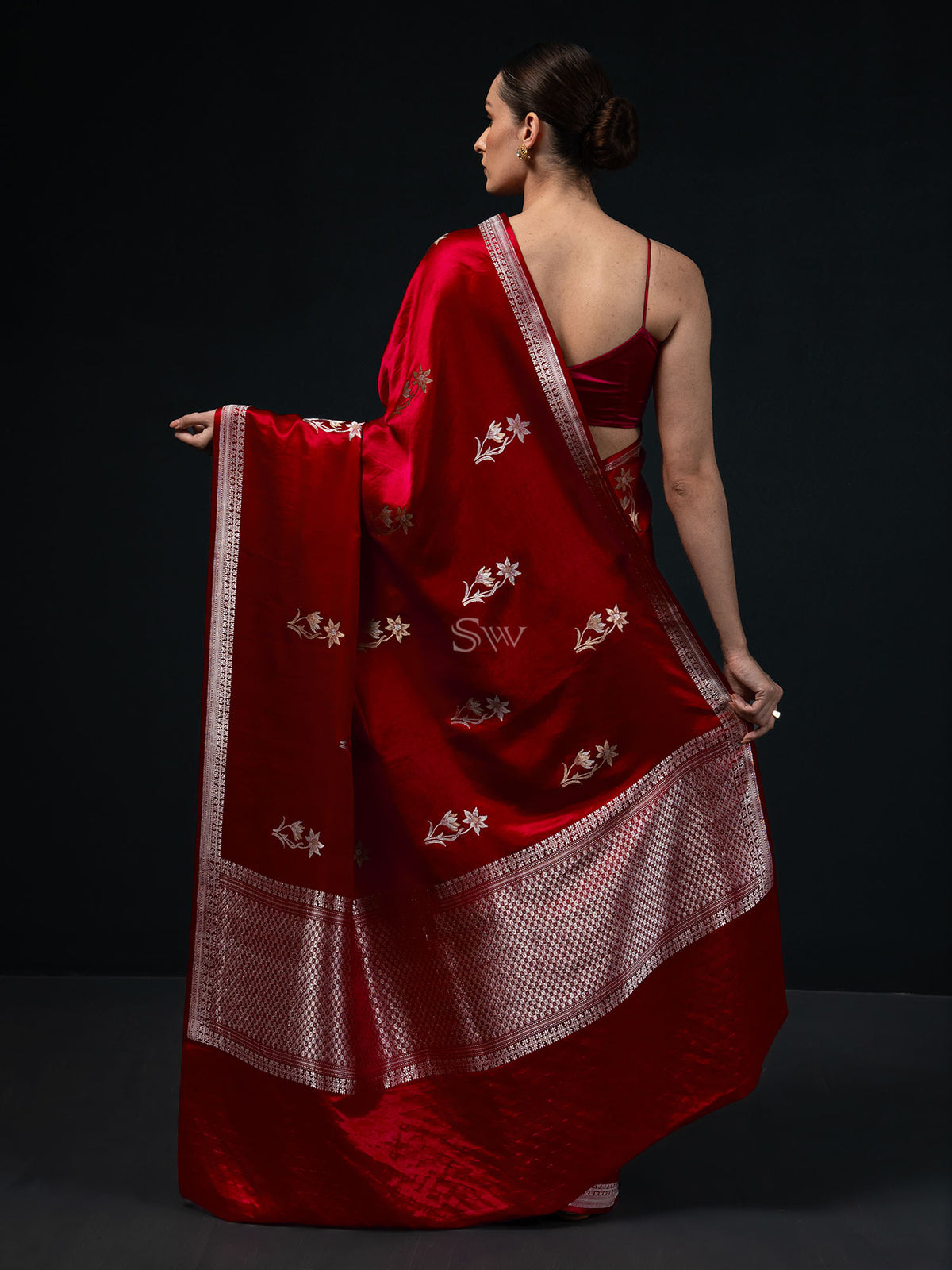 Dark Maroon Boota Satin Silk Handloom Banarasi Saree - Sacred Weaves