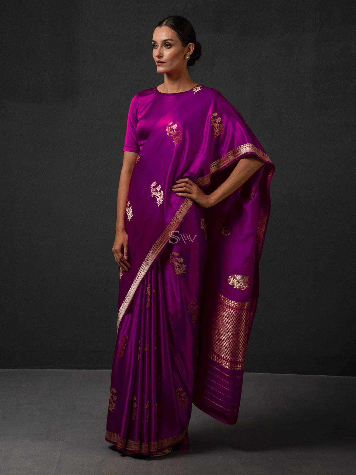 Purple Boota Satin Silk Handloom Banarasi Saree