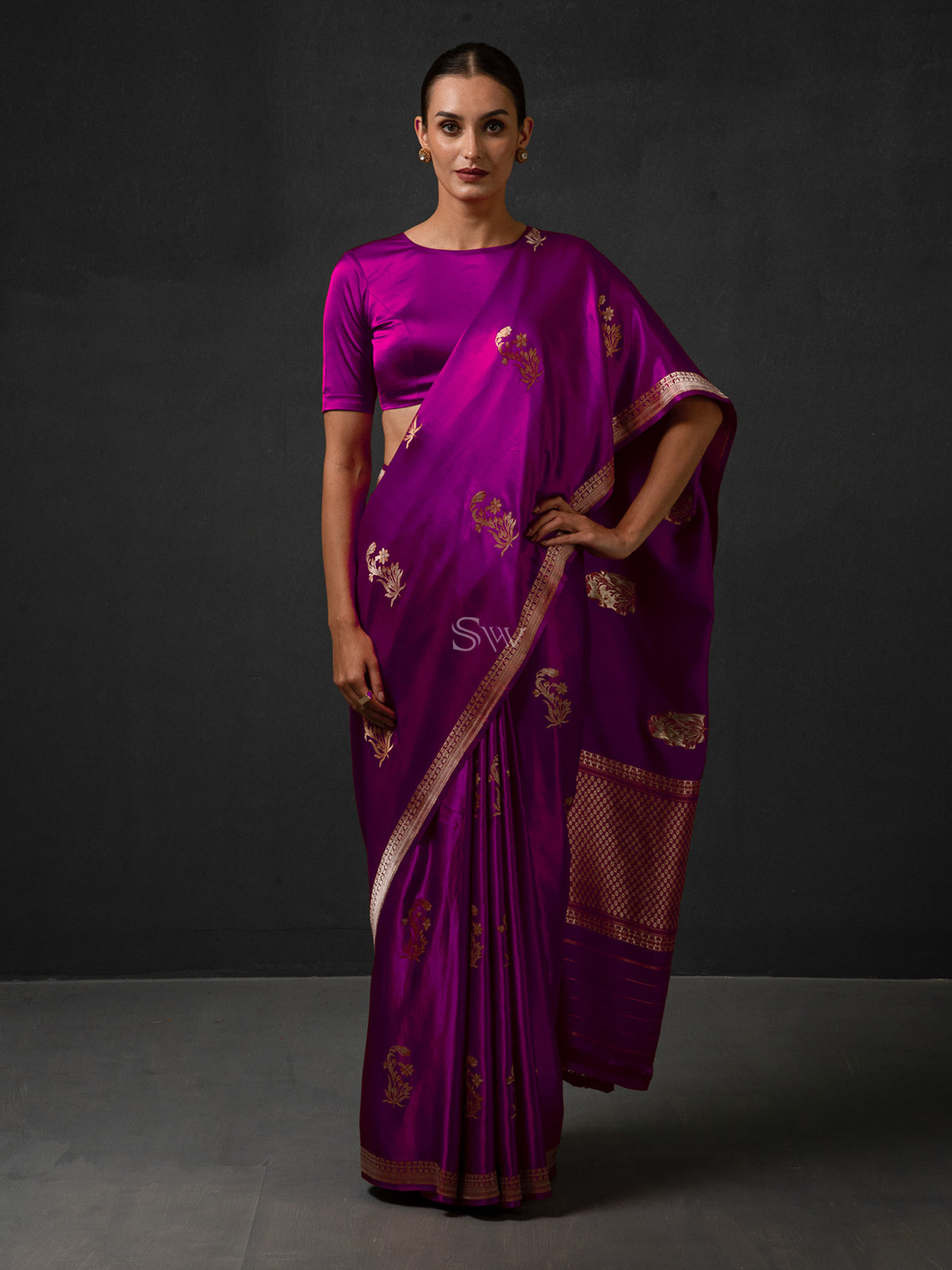 Purple Boota Satin Silk Handloom Banarasi Saree