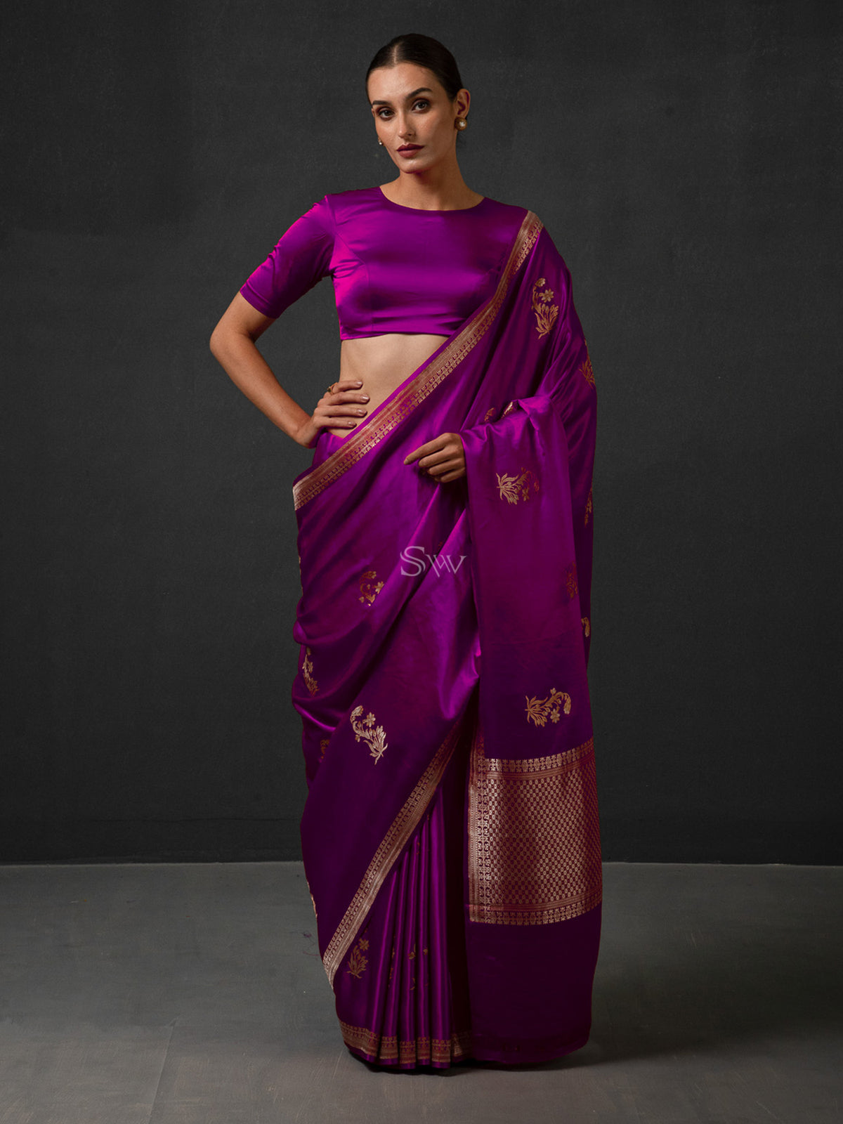 Purple Boota Satin Silk Handloom Banarasi Saree