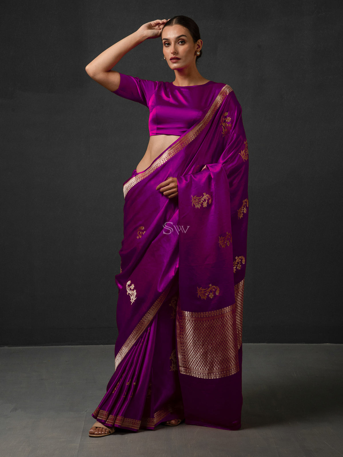 Magenta Boota Satin Silk Handloom Banarasi Saree