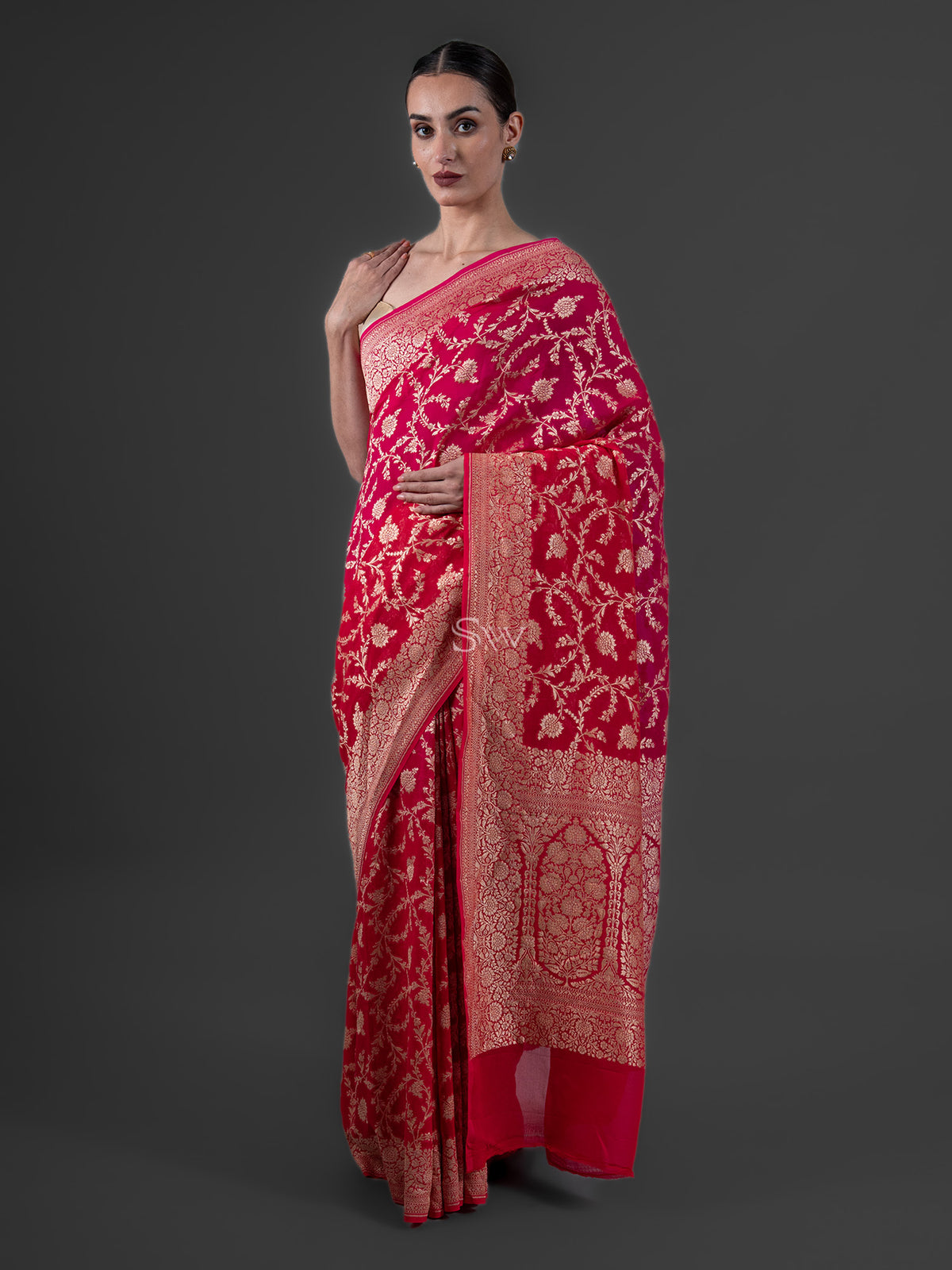 Red Pink Jaal Khaddi Georgette Handloom Banarasi Saree - Sacred Weaves