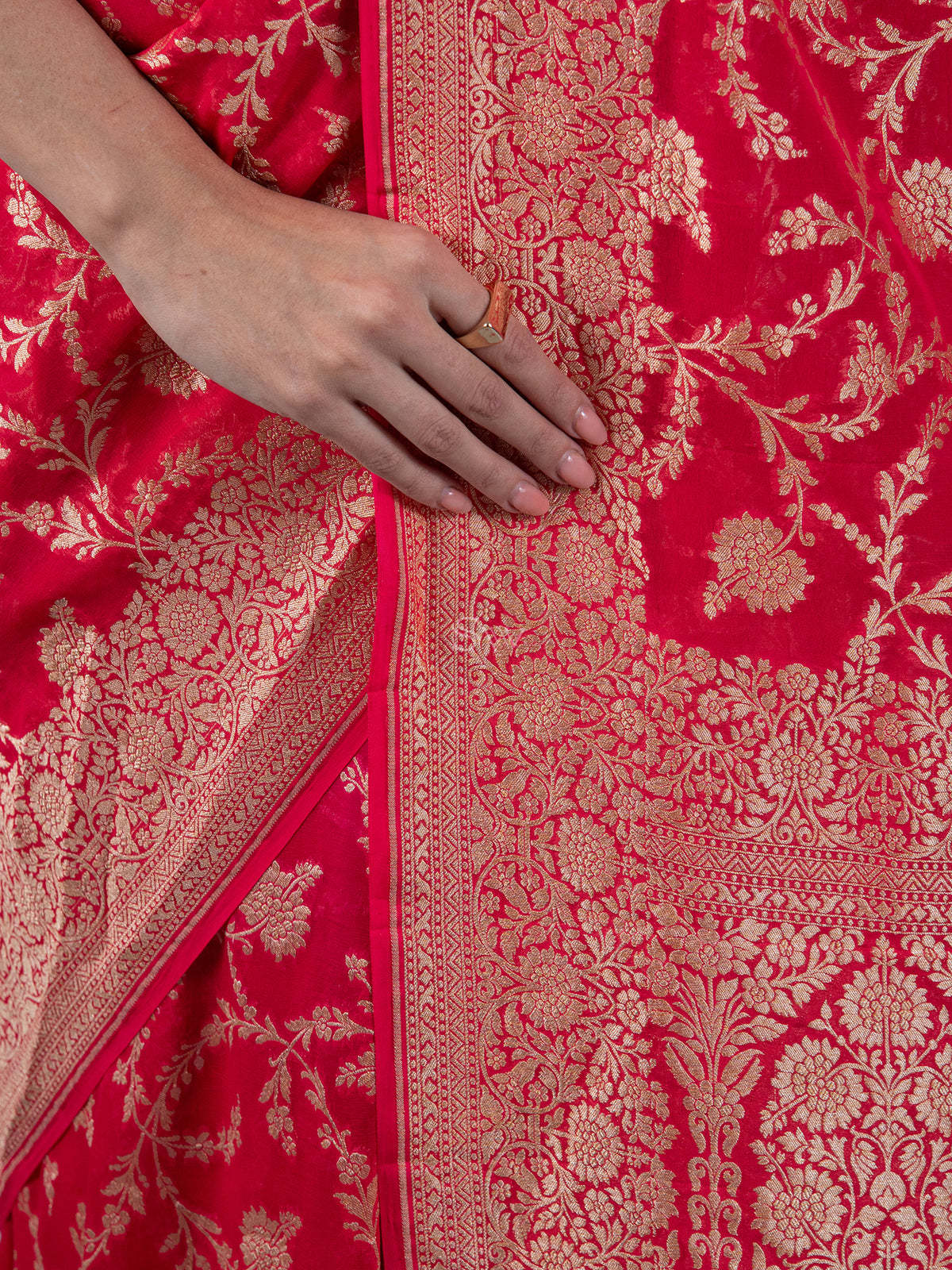 Red Pink Jaal Khaddi Georgette Handloom Banarasi Saree - Sacred Weaves