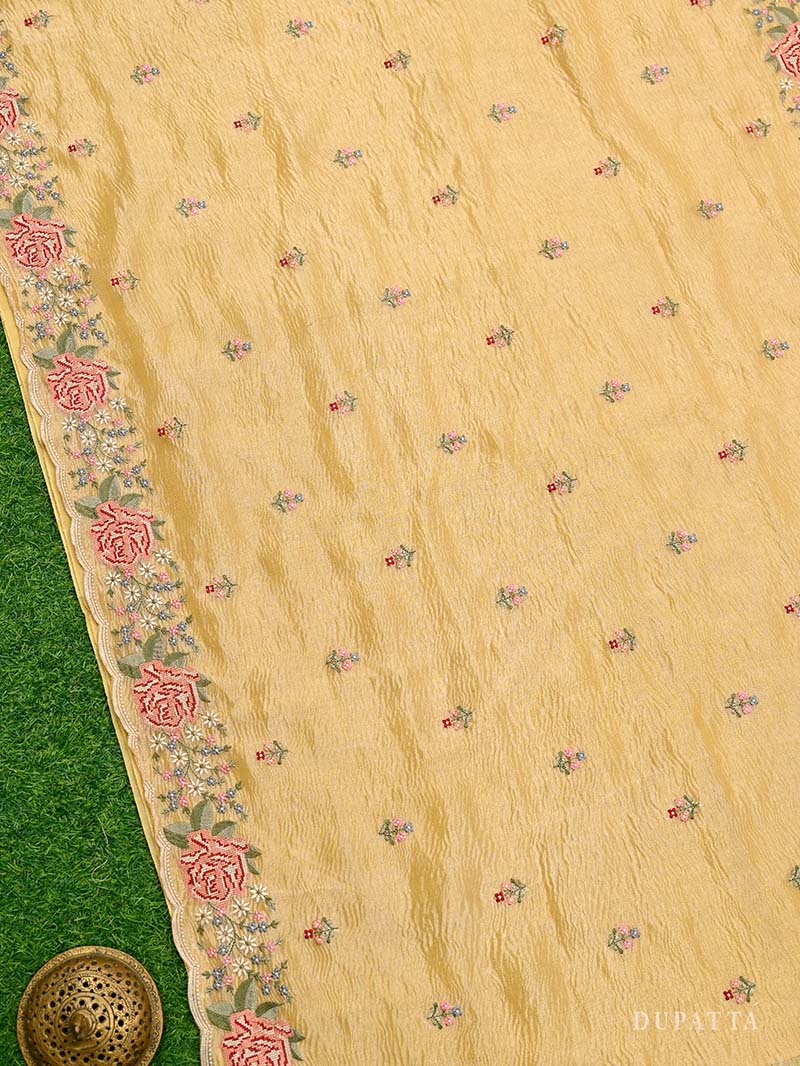 Pastel Yellow Meenakari Crush Tissue Silk Handloom Banarasi Suit