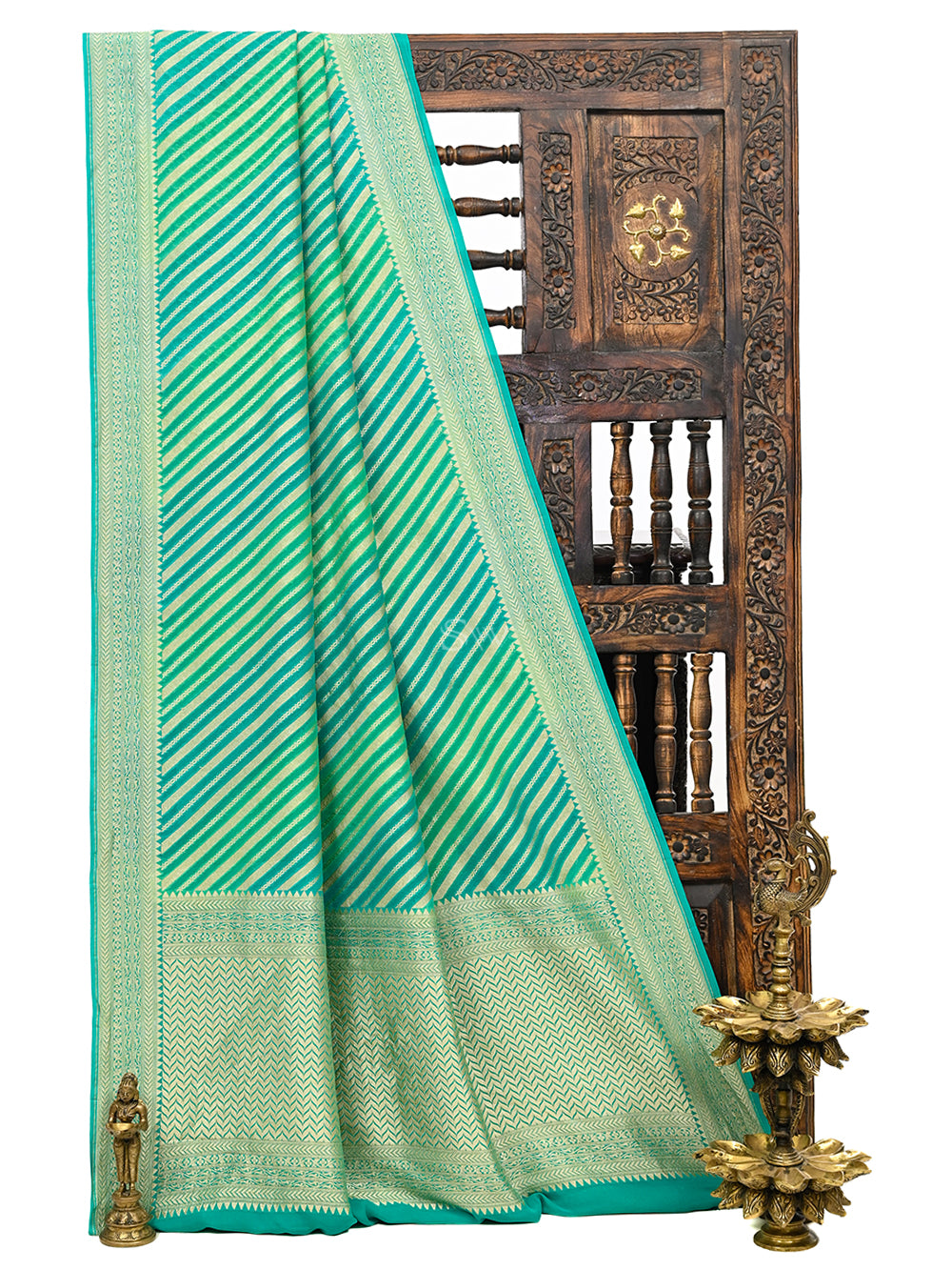 Green Blue Rangkat Khaddi Georgette Handloom Banarasi Saree - Sacred Weaves