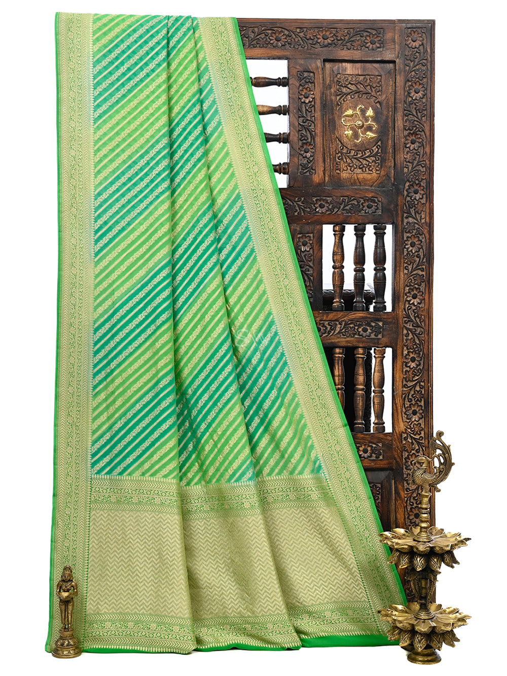 Green Blue Rangkat Khaddi Georgette Handloom Banarasi Saree - Sacred Weaves