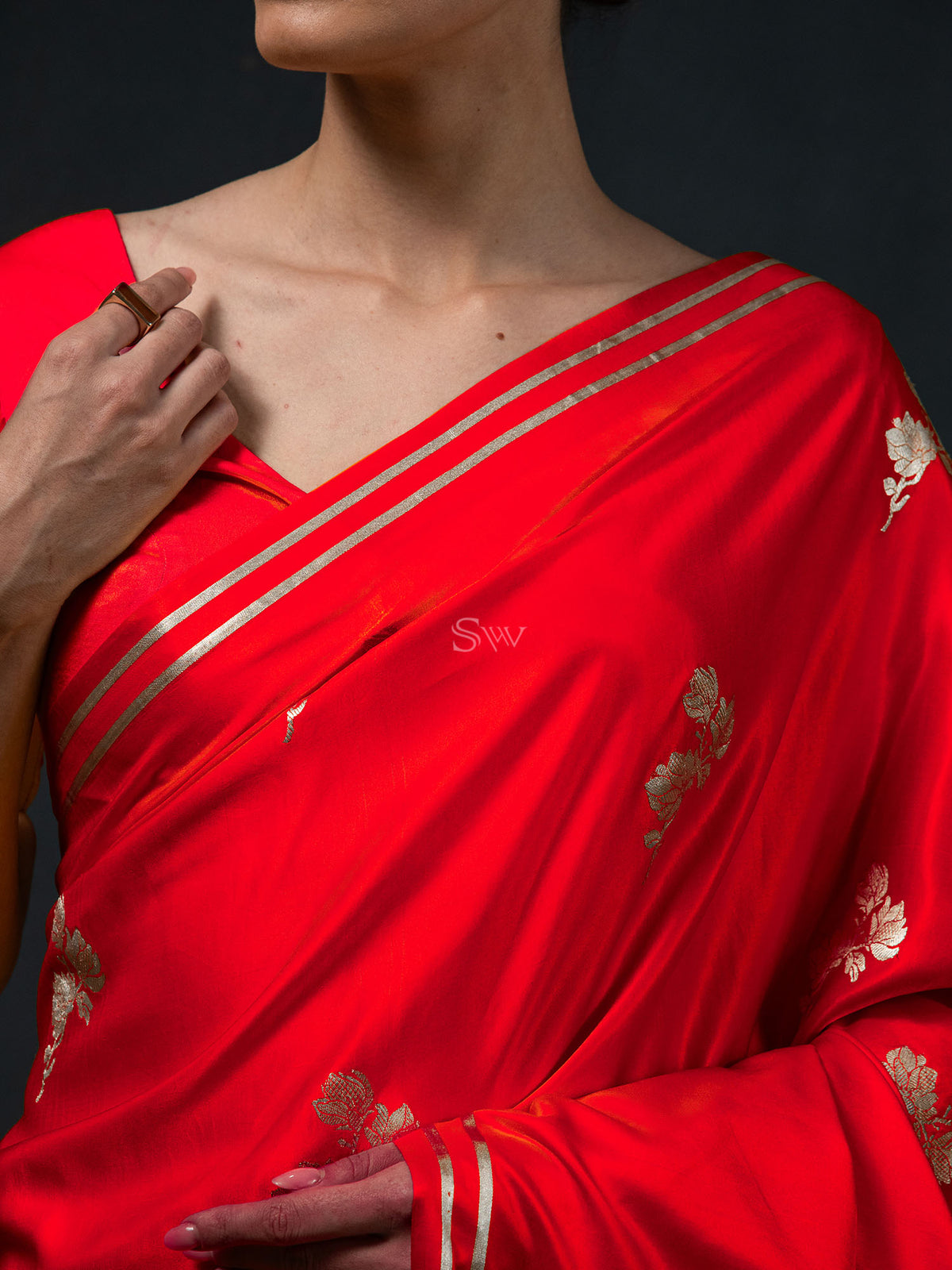 Red Boota Satin Silk Handloom Banarasi Saree - Sacred Weaves