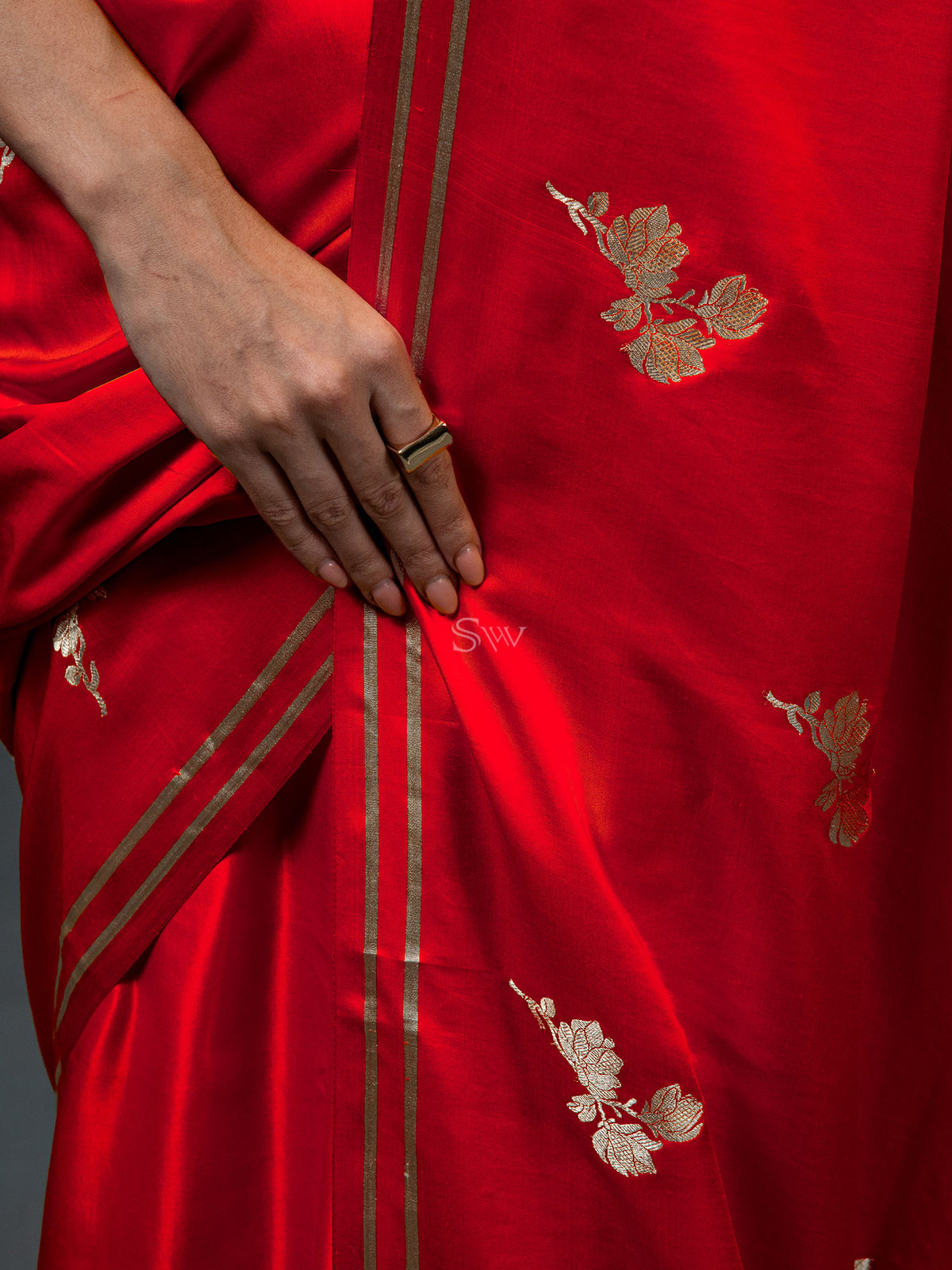 Red Boota Satin Silk Handloom Banarasi Saree - Sacred Weaves