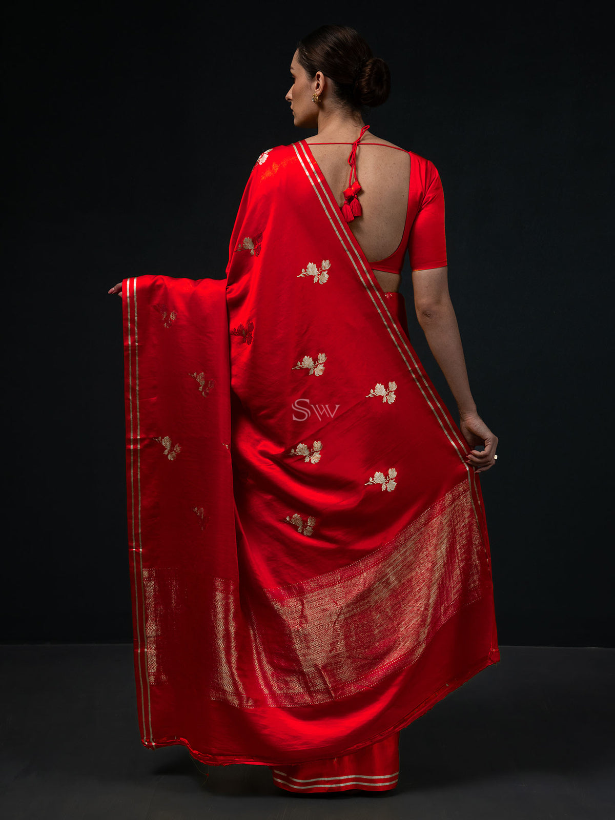 Red Boota Satin Silk Handloom Banarasi Saree - Sacred Weaves