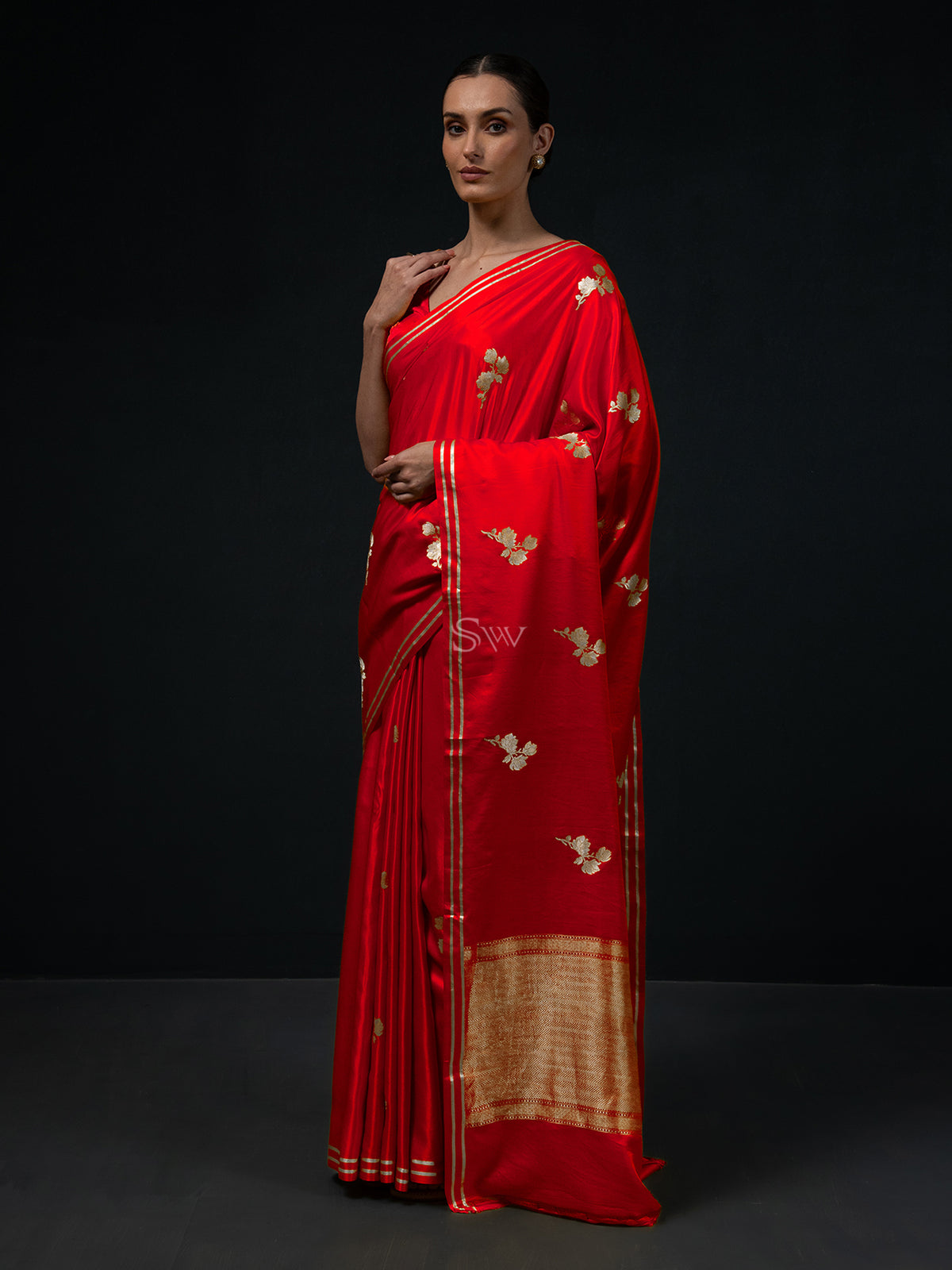 Red Boota Satin Silk Handloom Banarasi Saree - Sacred Weaves