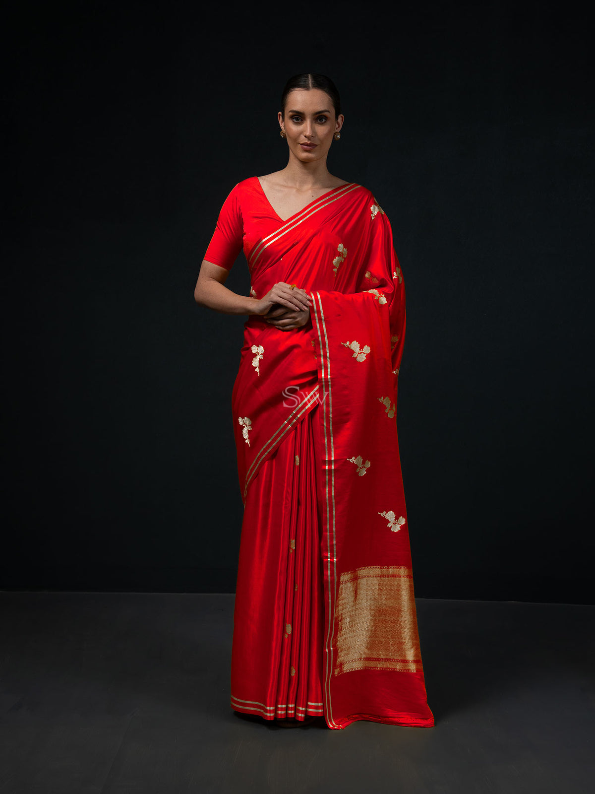 Red Boota Satin Silk Handloom Banarasi Saree - Sacred Weaves