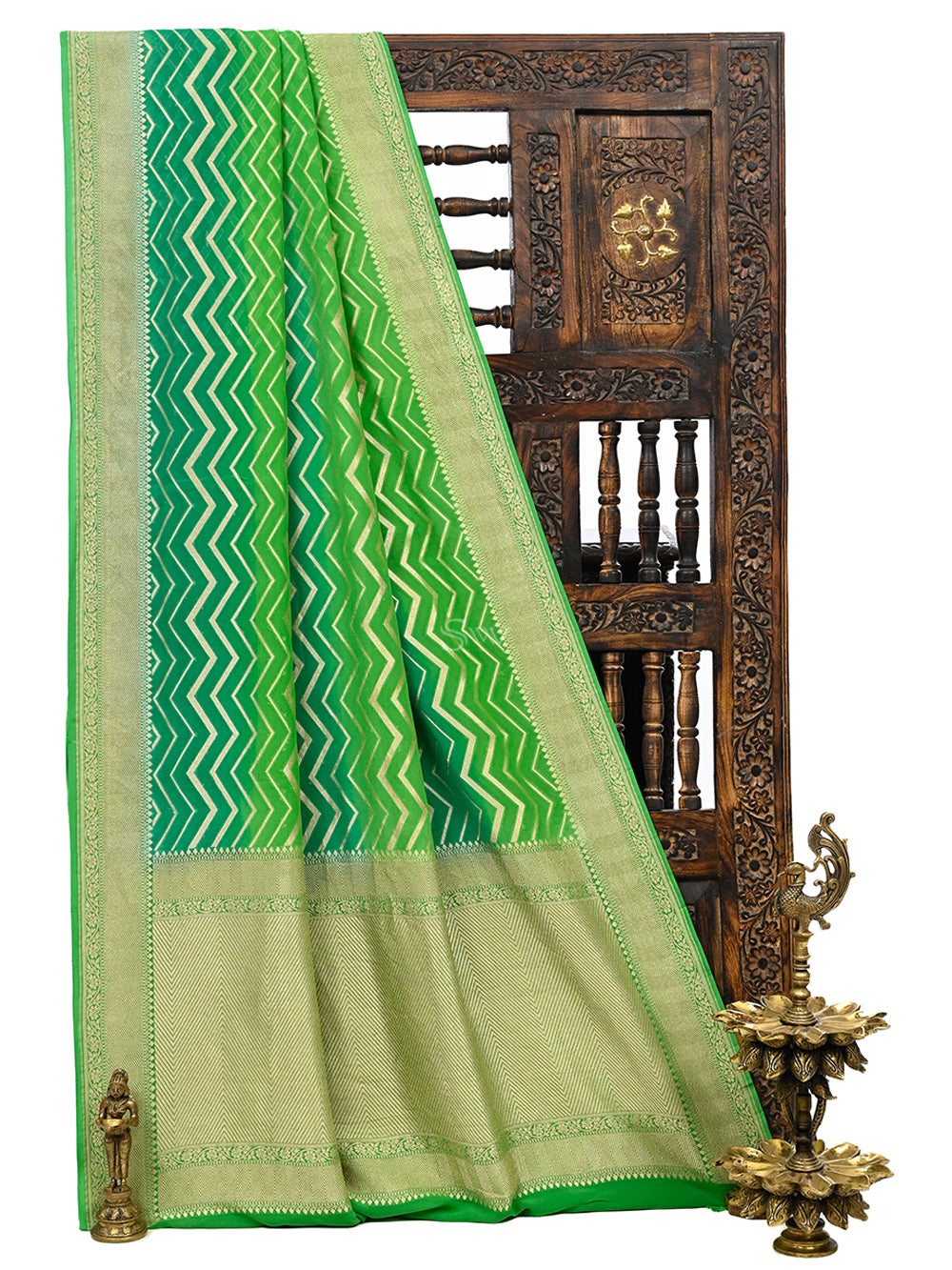 Green Rangkat Khaddi Georgette Handloom Banarasi Saree - Sacred Weaves