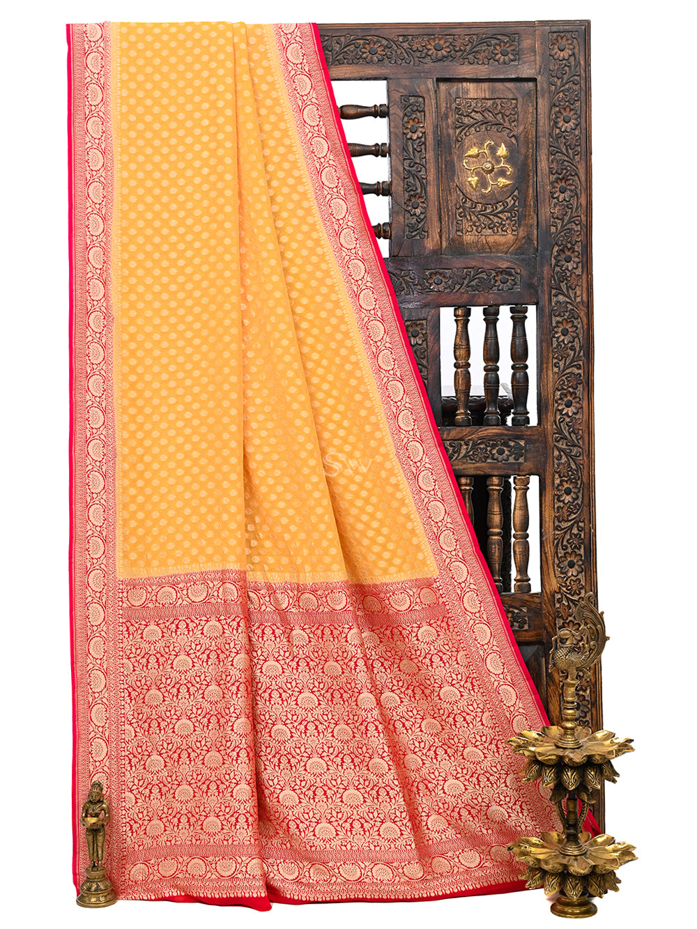 Mustard Booti Khaddi Georgette Handloom Banarasi Saree - Sacred Weaves