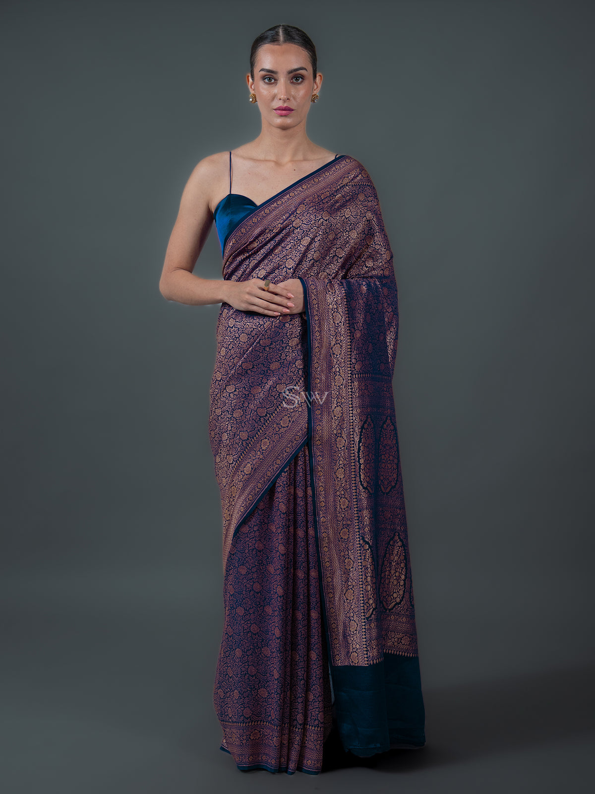 Midnight Blue Jaal Crepe Silk Handloom Banarasi Saree - Sacred Weaves