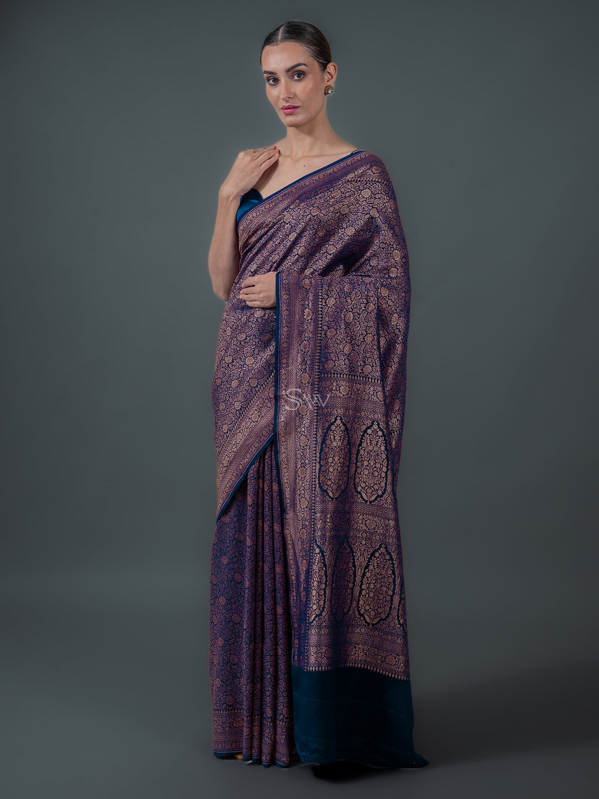 Midnight Blue Jaal Crepe Silk Handloom Banarasi Saree - Sacred Weaves