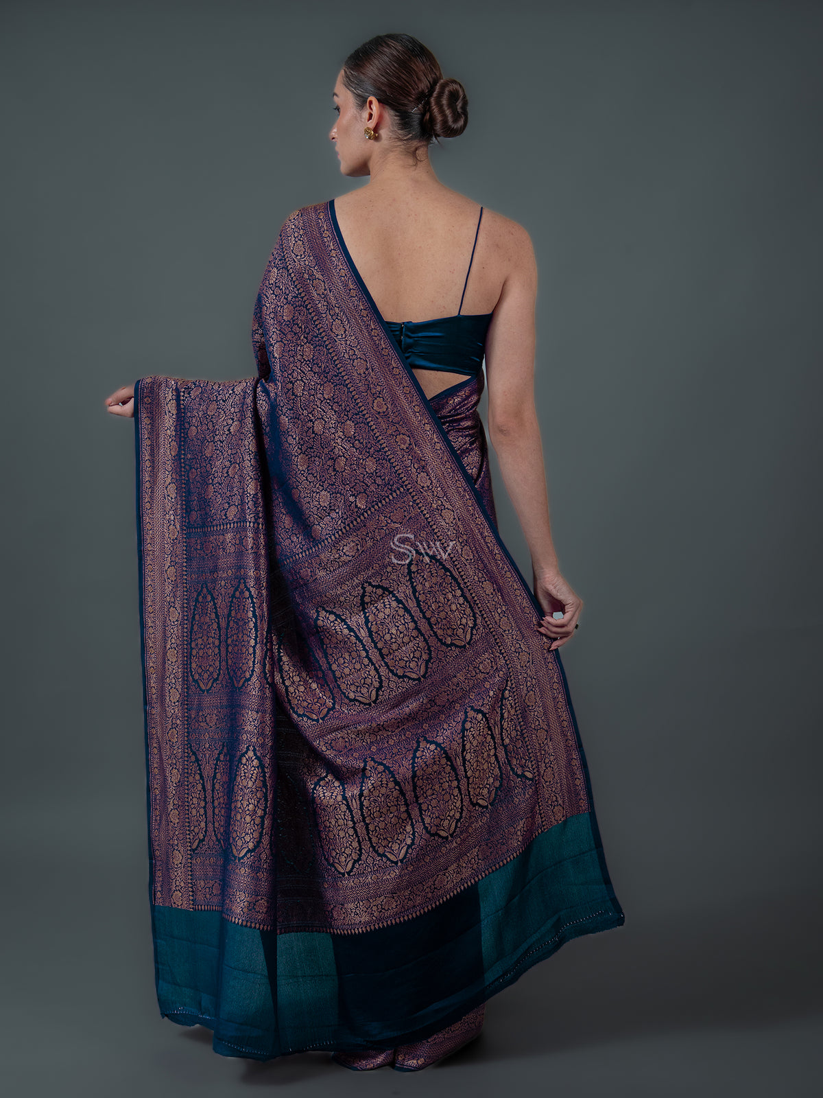 Midnight Blue Jaal Crepe Silk Handloom Banarasi Saree - Sacred Weaves