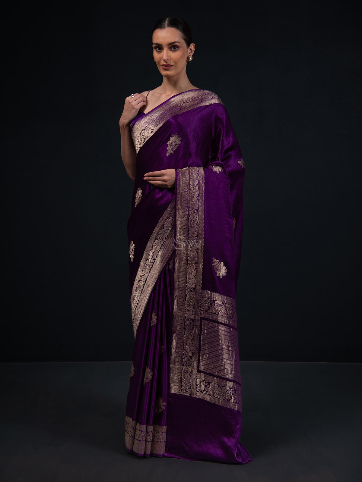 Purple Boota Satin Silk Handloom Banarasi Saree