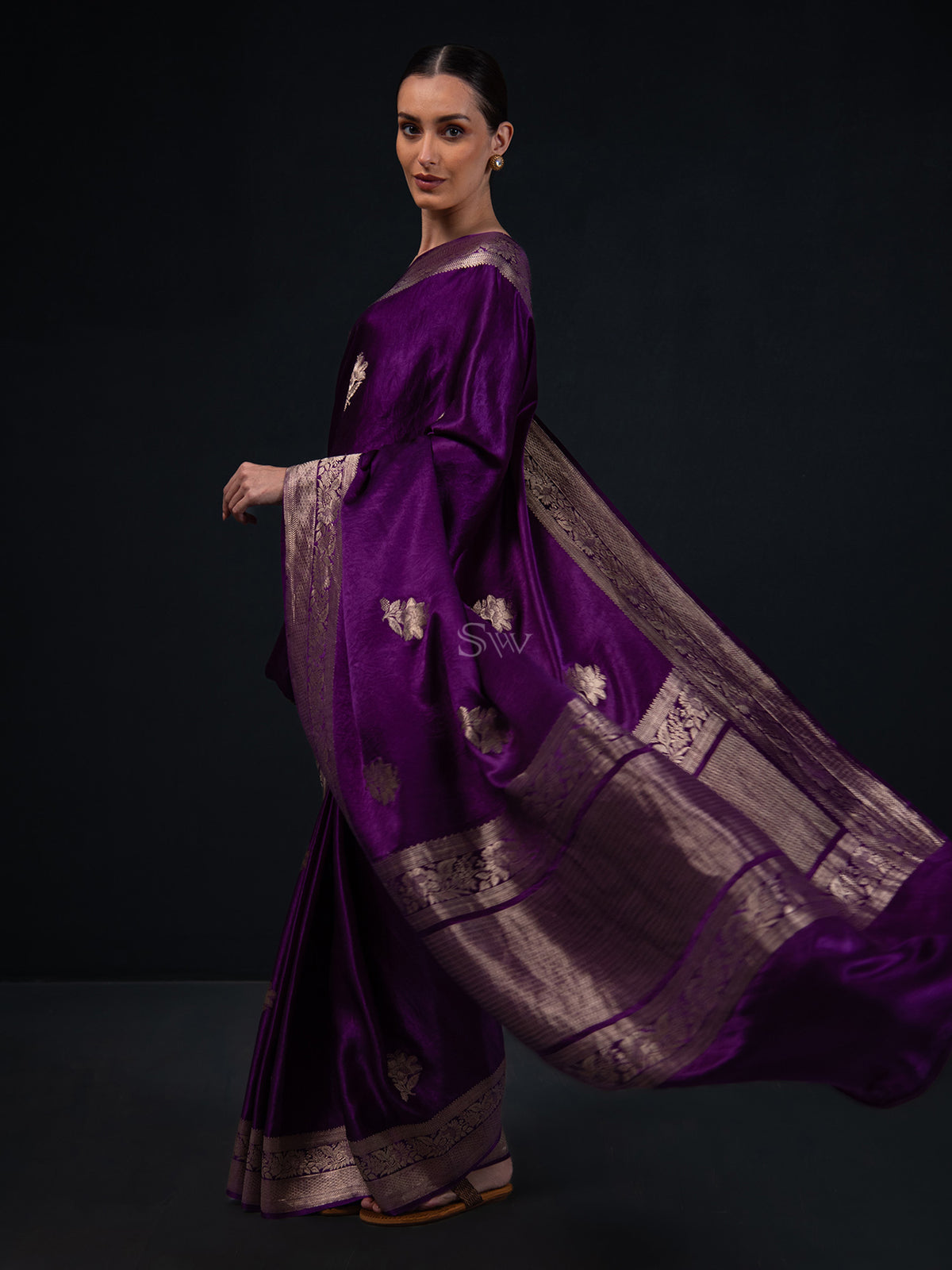 Purple Boota Satin Silk Handloom Banarasi Saree