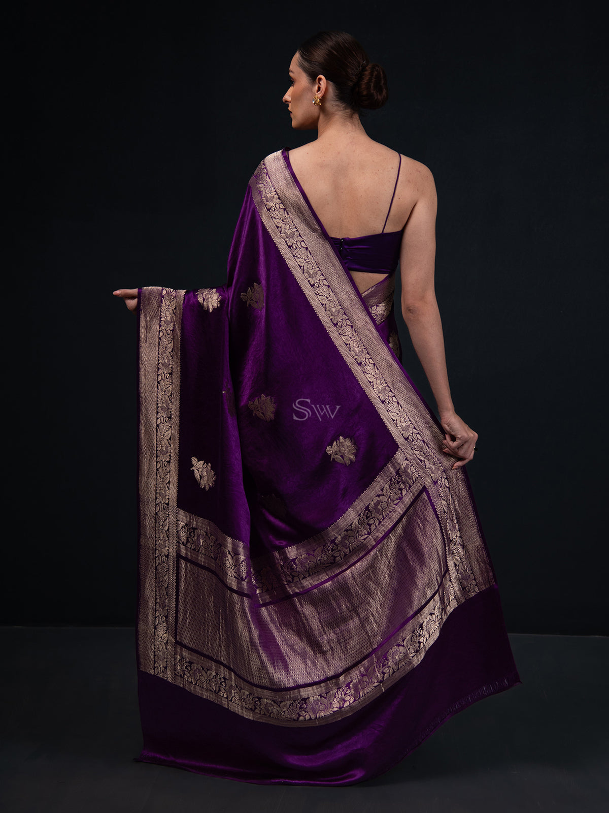 Purple Boota Satin Silk Handloom Banarasi Saree