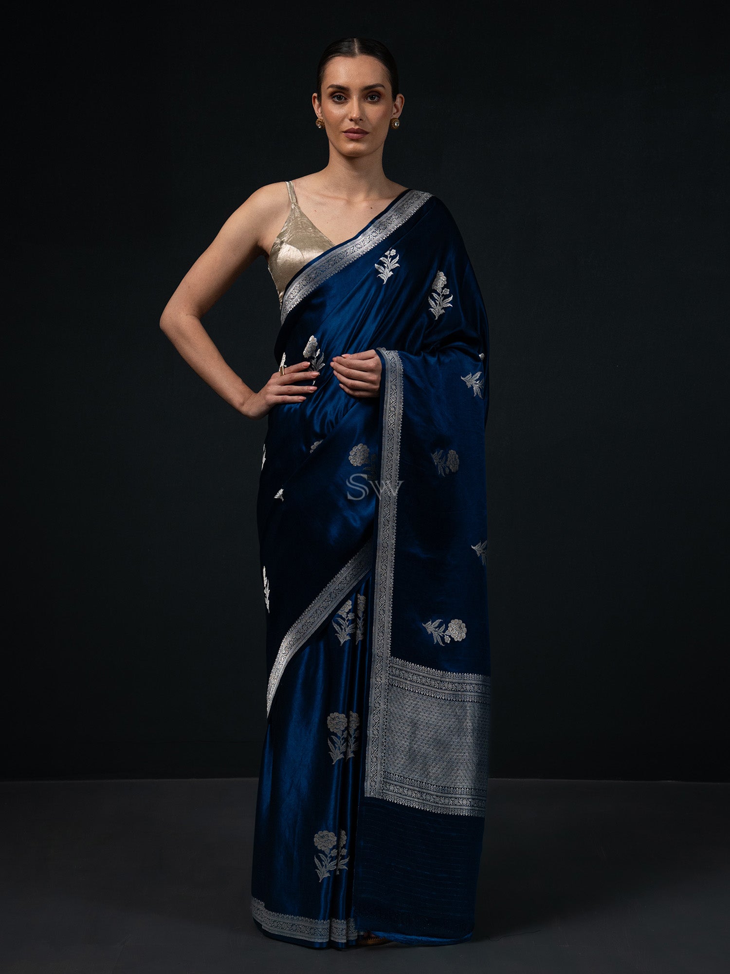 Dark Blue Boota Satin Silk Handloom Banarasi Saree - Sacred Weaves