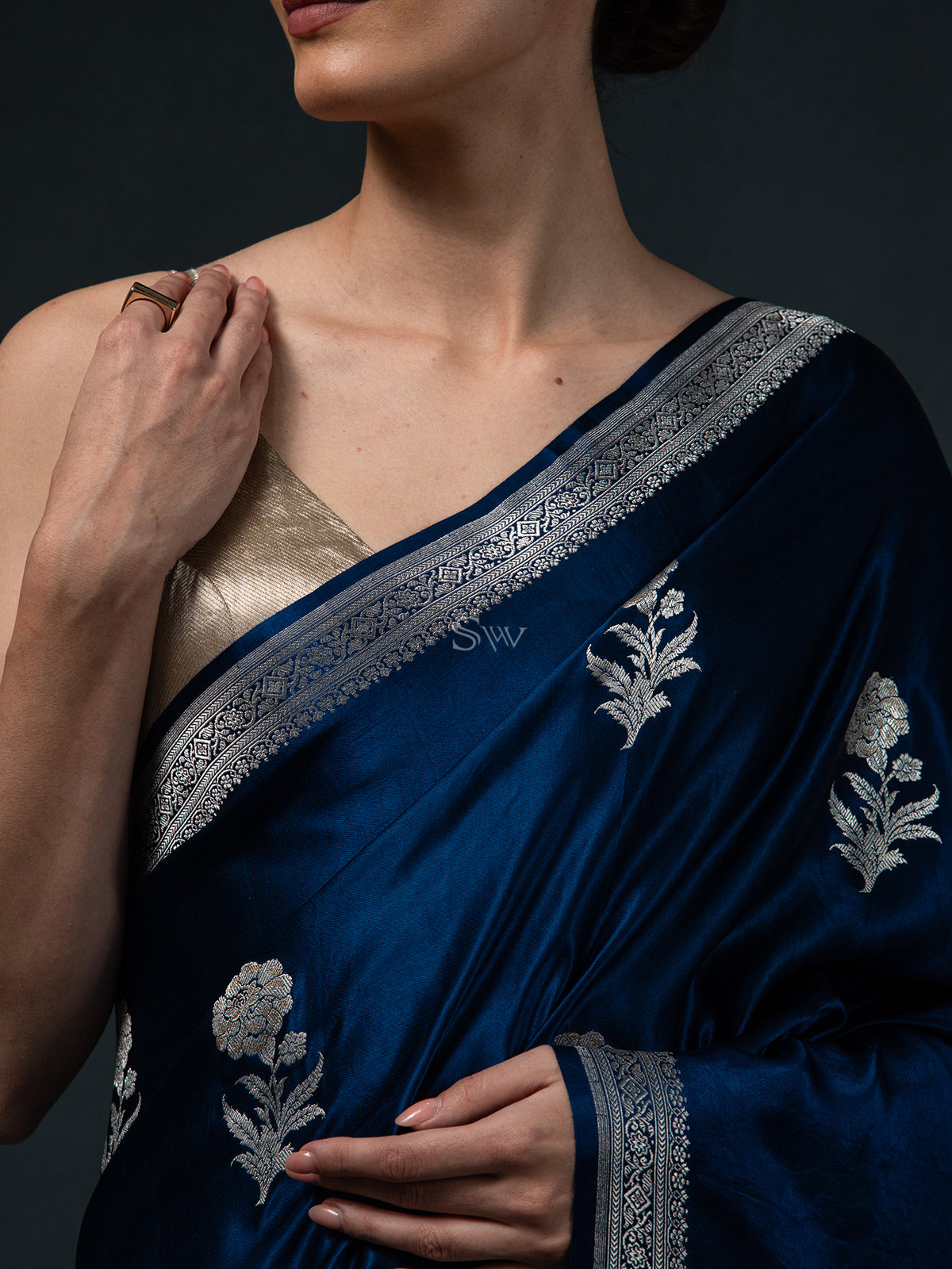 Dark Blue Boota Satin Silk Handloom Banarasi Saree - Sacred Weaves