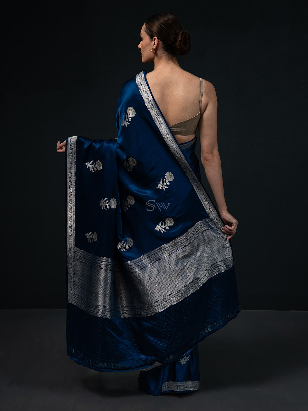 Dark Blue Boota Satin Silk Handloom Banarasi Saree - Sacred Weaves