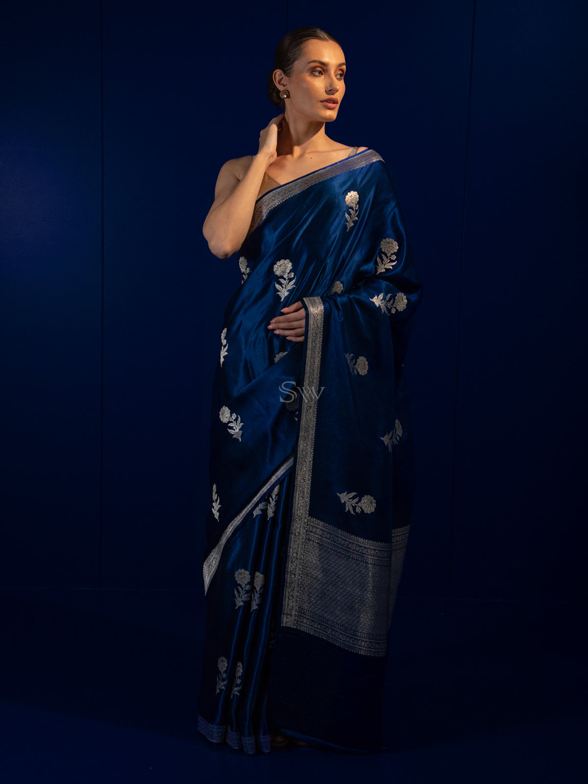 Dark Blue Boota Satin Silk Handloom Banarasi Saree - Sacred Weaves