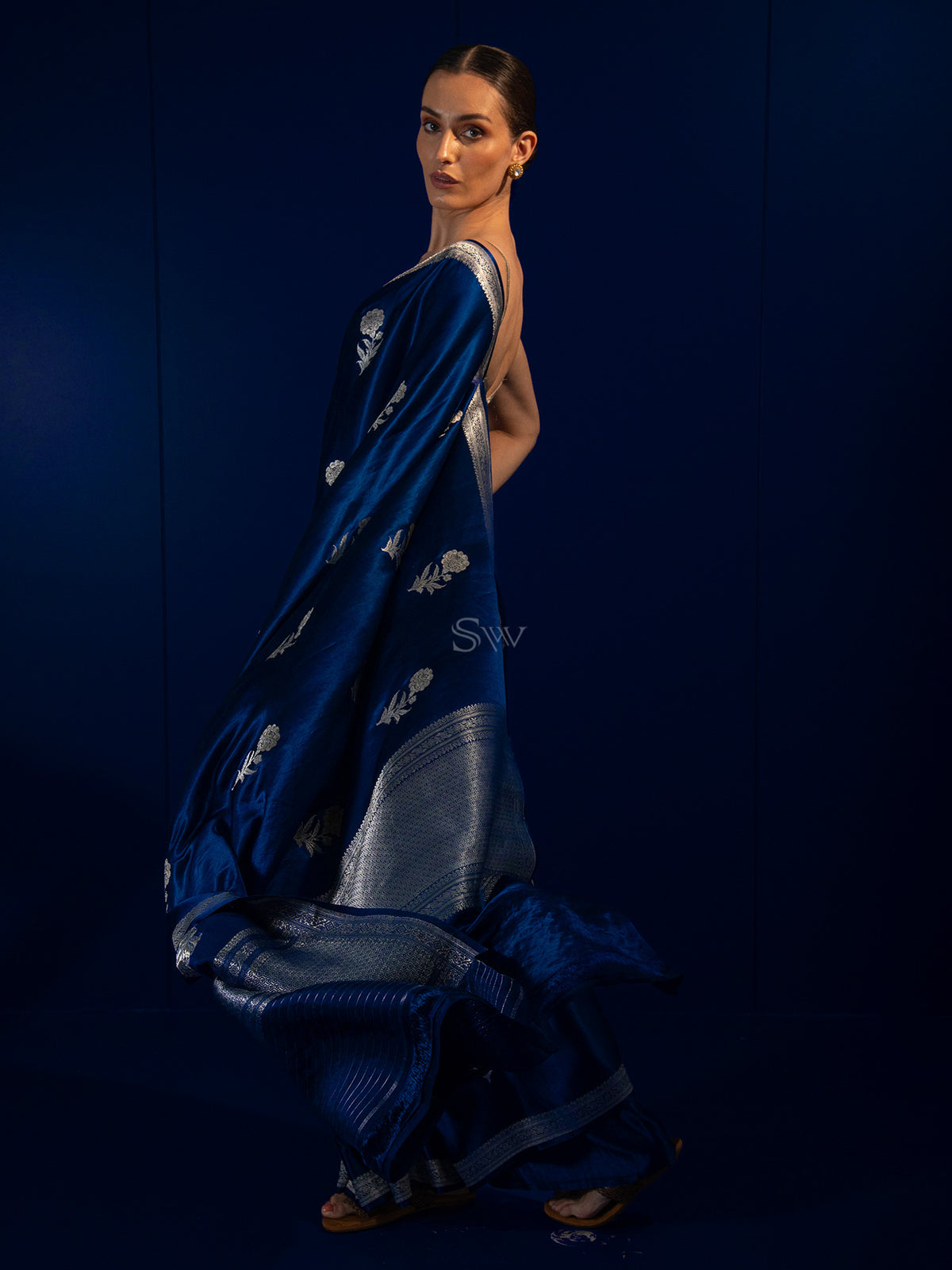 Dark Blue Boota Satin Silk Handloom Banarasi Saree - Sacred Weaves