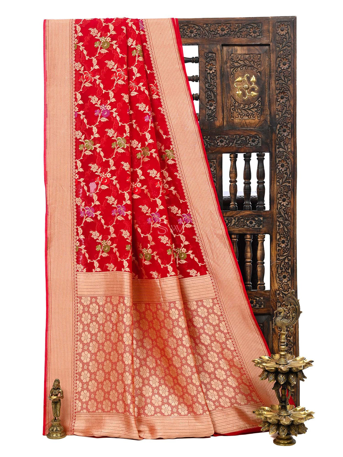 Red Meenakari Jaal Khaddi Georgette Handloom Banarasi Saree