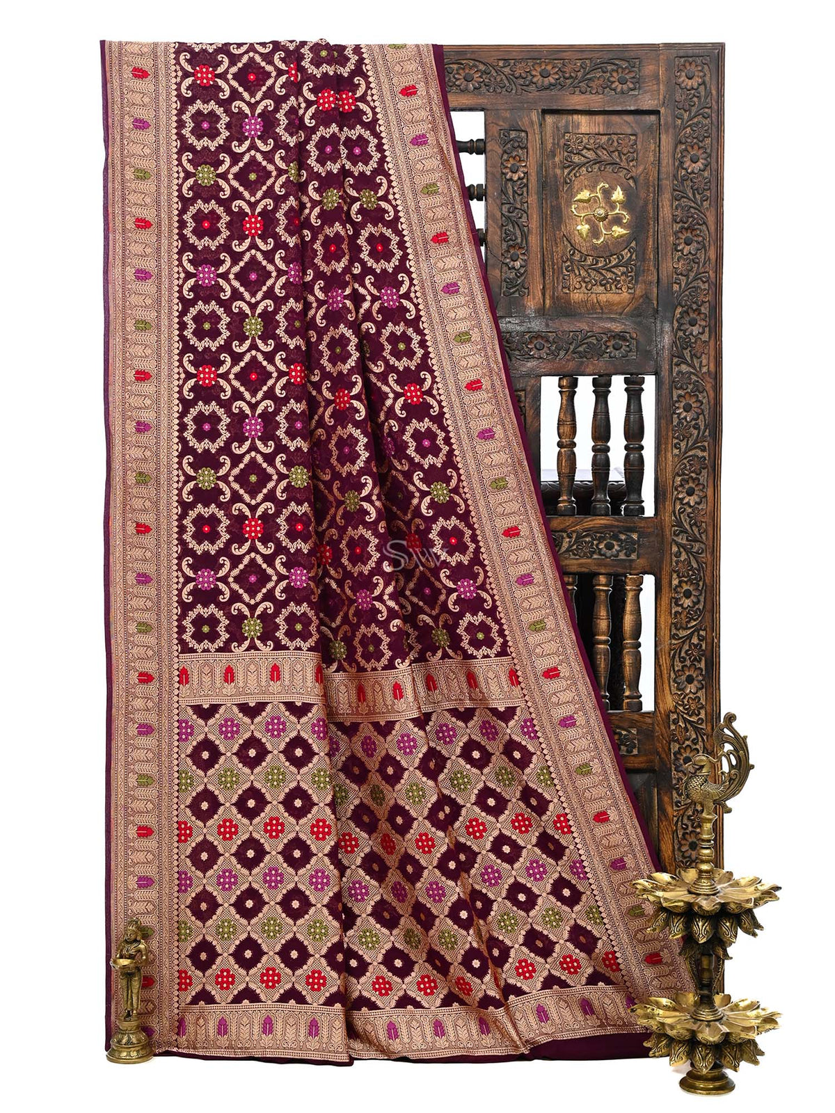 Wine Meenakari Jaal Khaddi Georgette Handloom Banarasi Saree