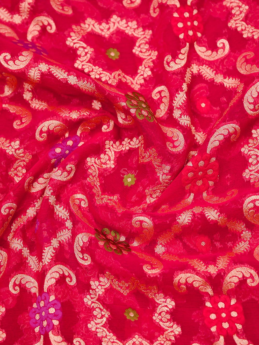 Reddish Pink Meenakari Jaal Khaddi Georgette Handloom Banarasi Saree